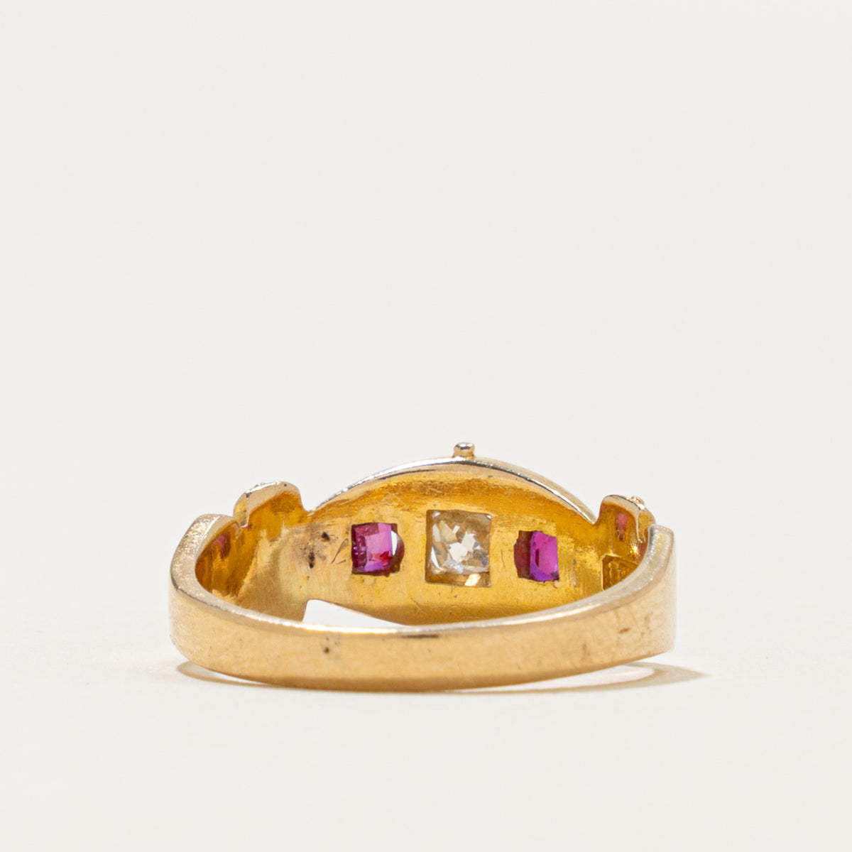 1880 Chester Old Mine Cut Diamond & Ruby Grooved Ring | 0.10ct, 0.14ctw | SZ 4.75