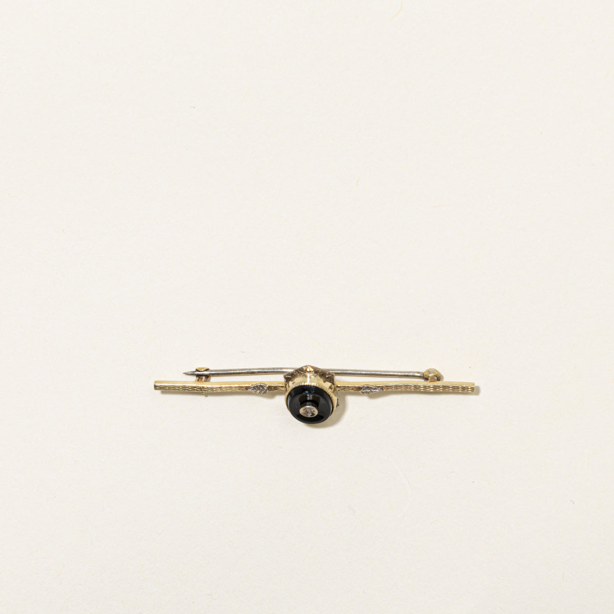 Art Deco 14k Onyx & Diamond Bar Brooch | 1.00ct, 0.005ct