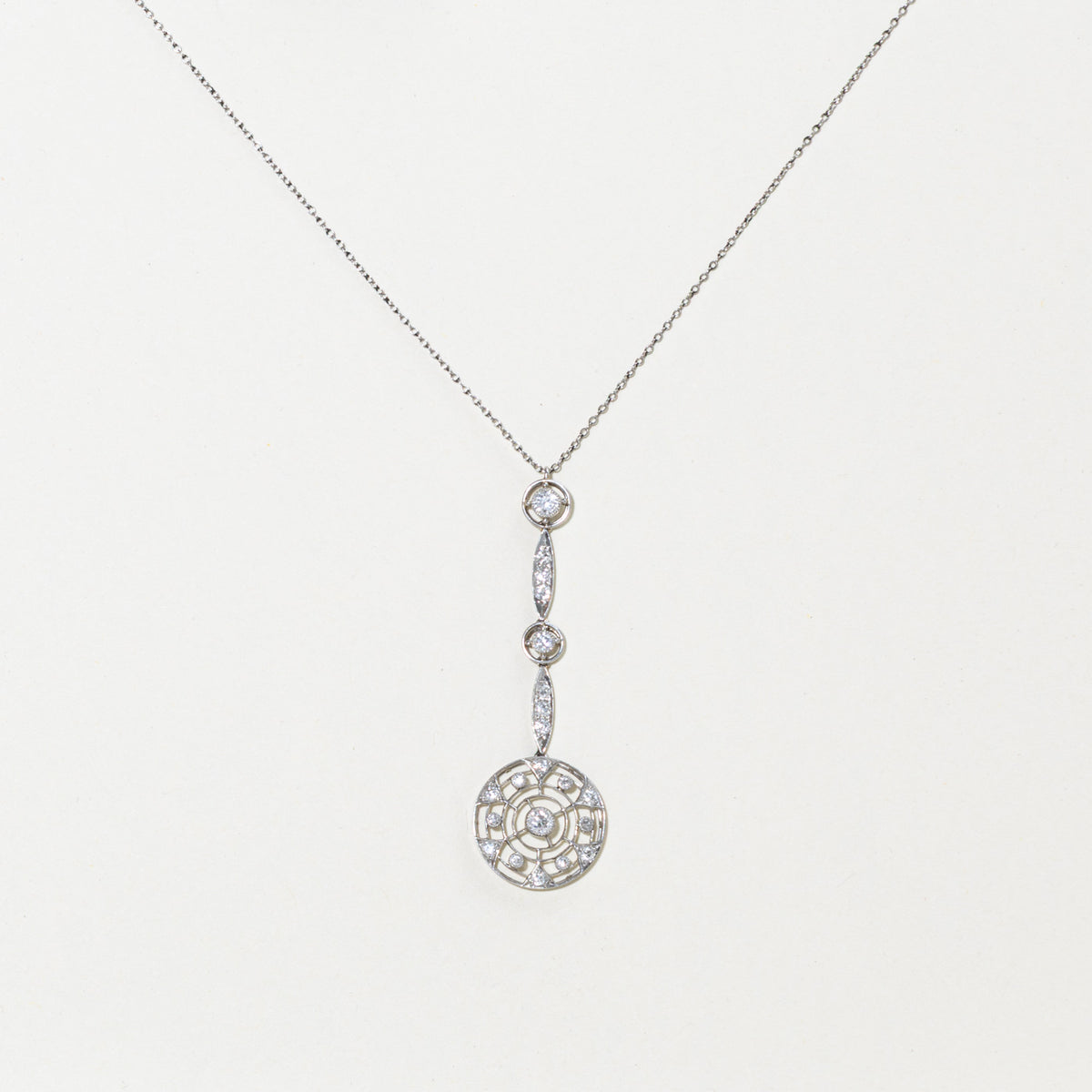 Art Deco Platinum Diamond Drop Necklace | 15"