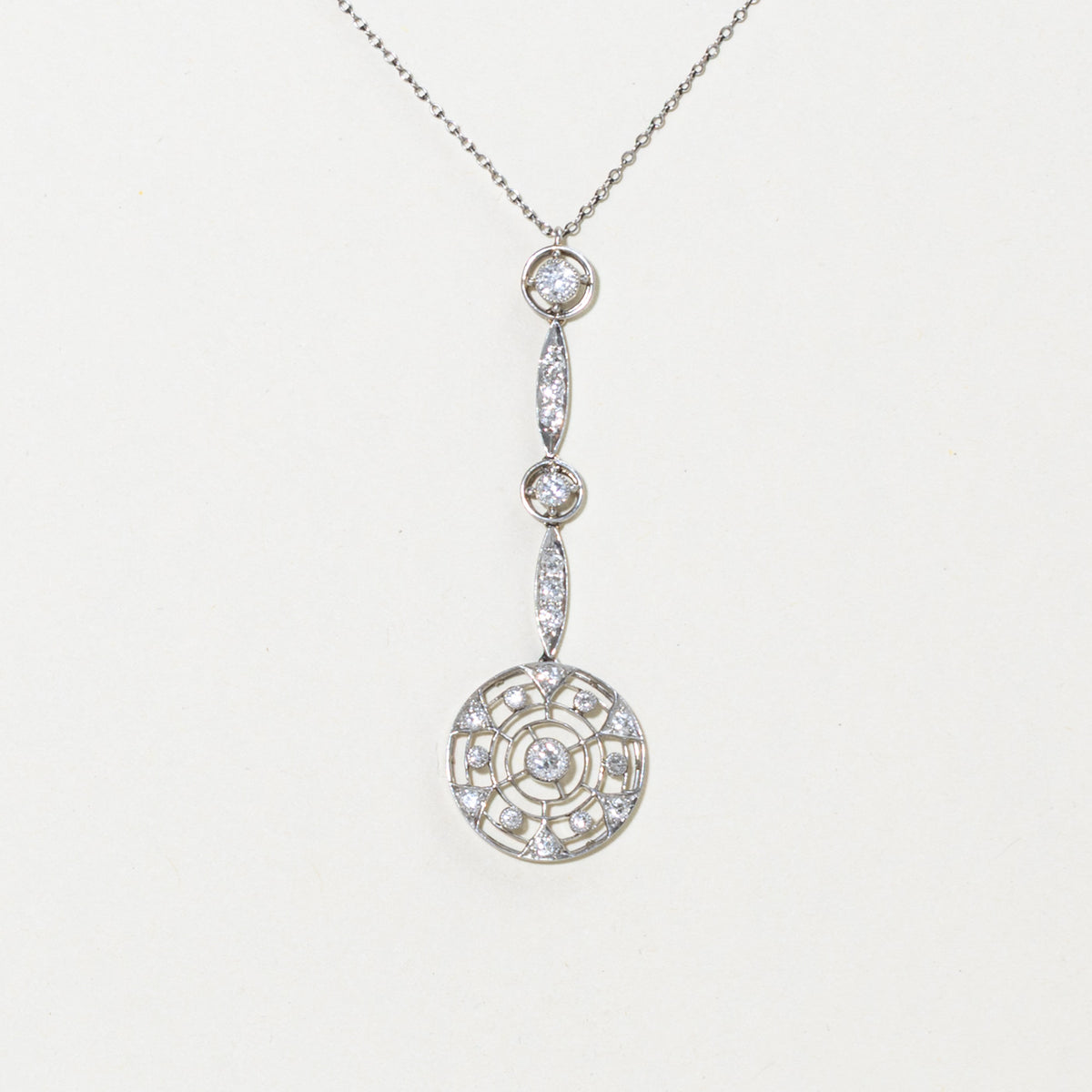 Art Deco Platinum Diamond Drop Necklace | 15"