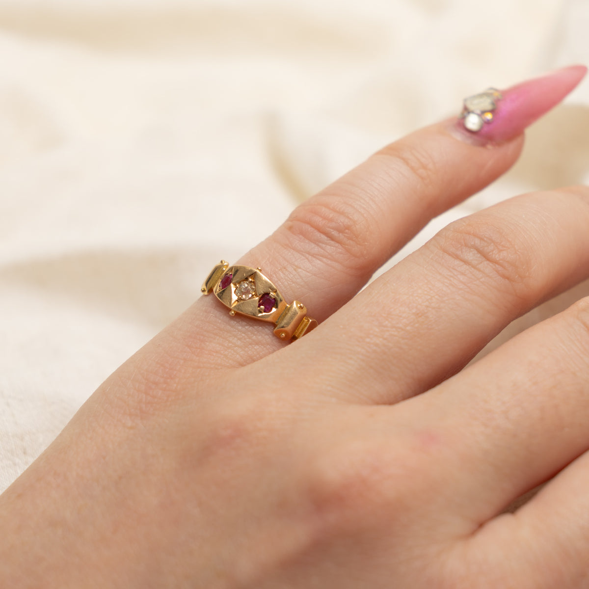 1880 Chester Old Mine Cut Diamond & Ruby Grooved Ring | 0.10ct, 0.14ctw | SZ 4.75