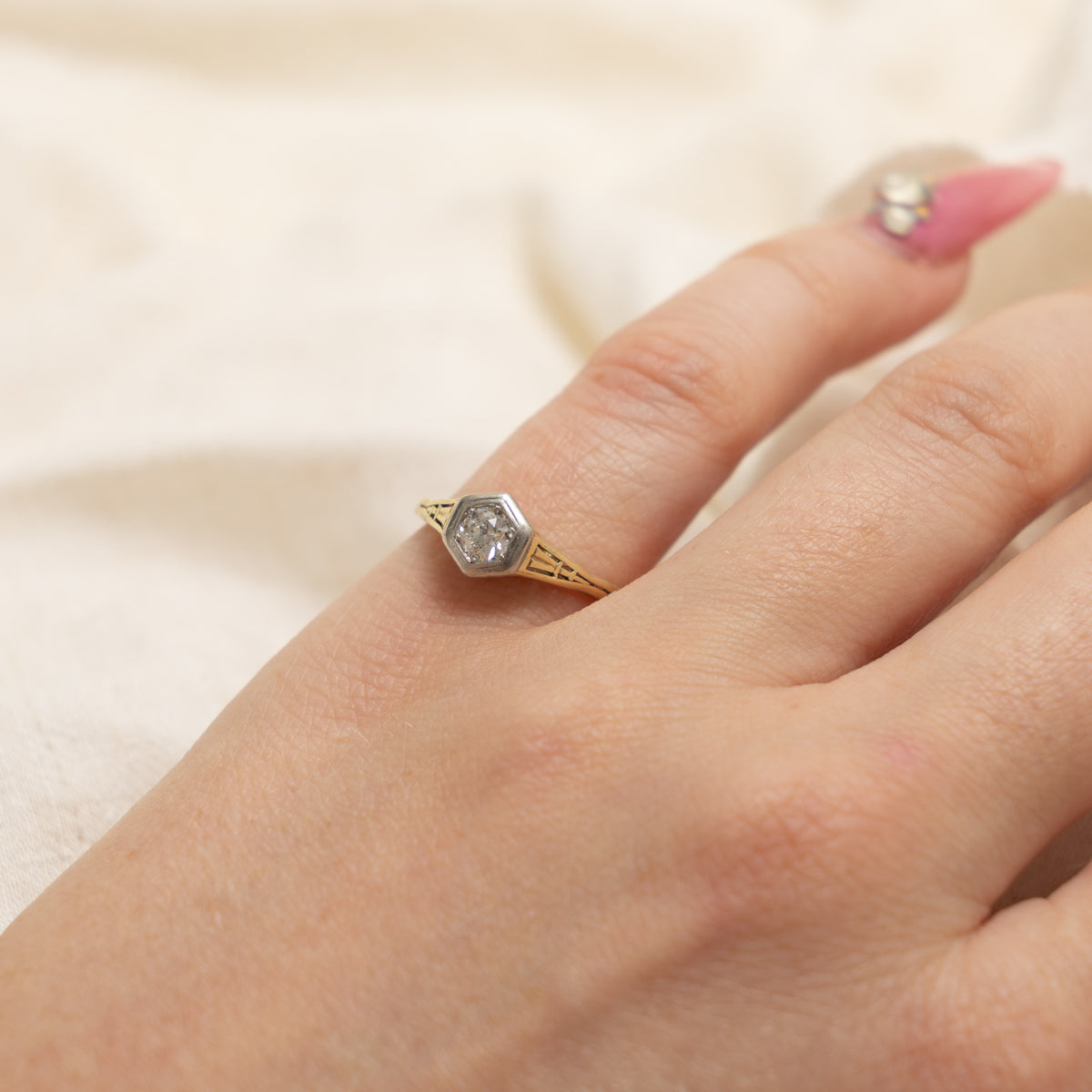Art Deco Transitional Cut Diamond Hexagon Ring | 0.30ct | SZ 6.25