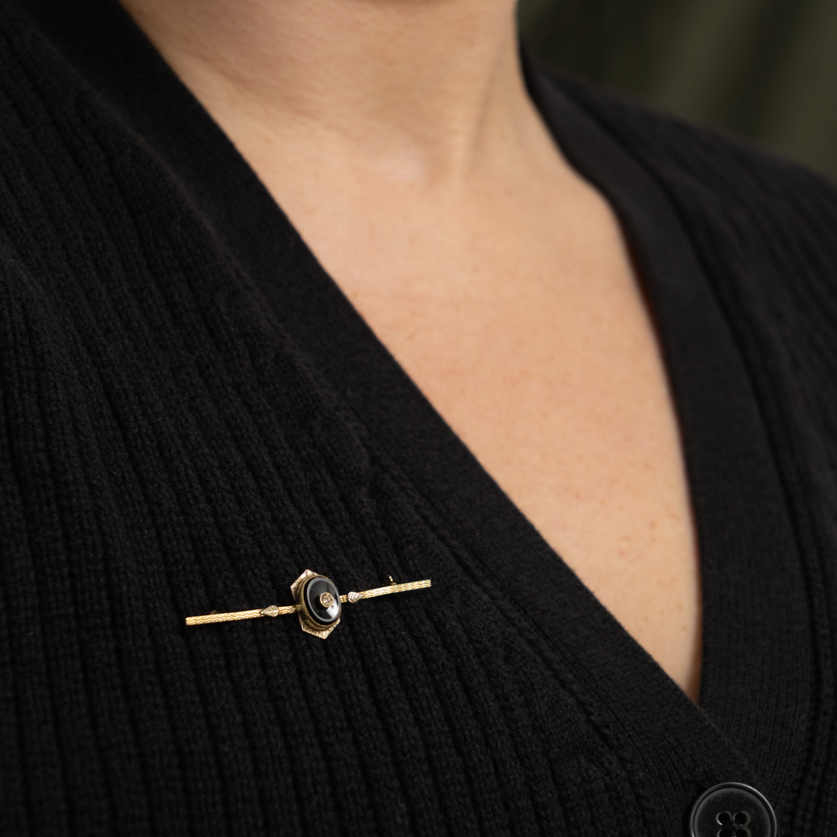 Art Deco 14k Onyx & Diamond Bar Brooch | 1.00ct, 0.005ct