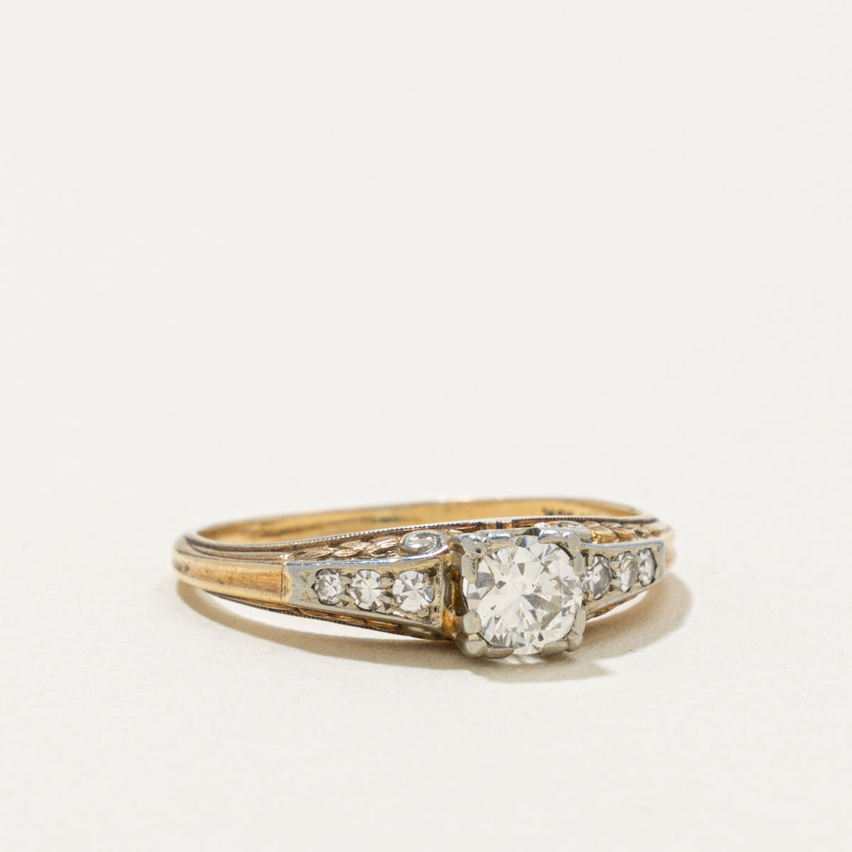 Early Art Deco 14k & 18k Transitional Cut Diamond Ring | 0.27ct, 0.06ct | SZ 5.25