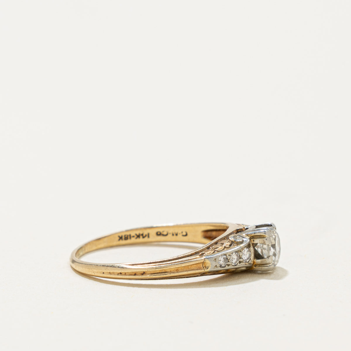 Early Art Deco 14k & 18k Transitional Cut Diamond Ring | 0.27ct, 0.06ct | SZ 5.25