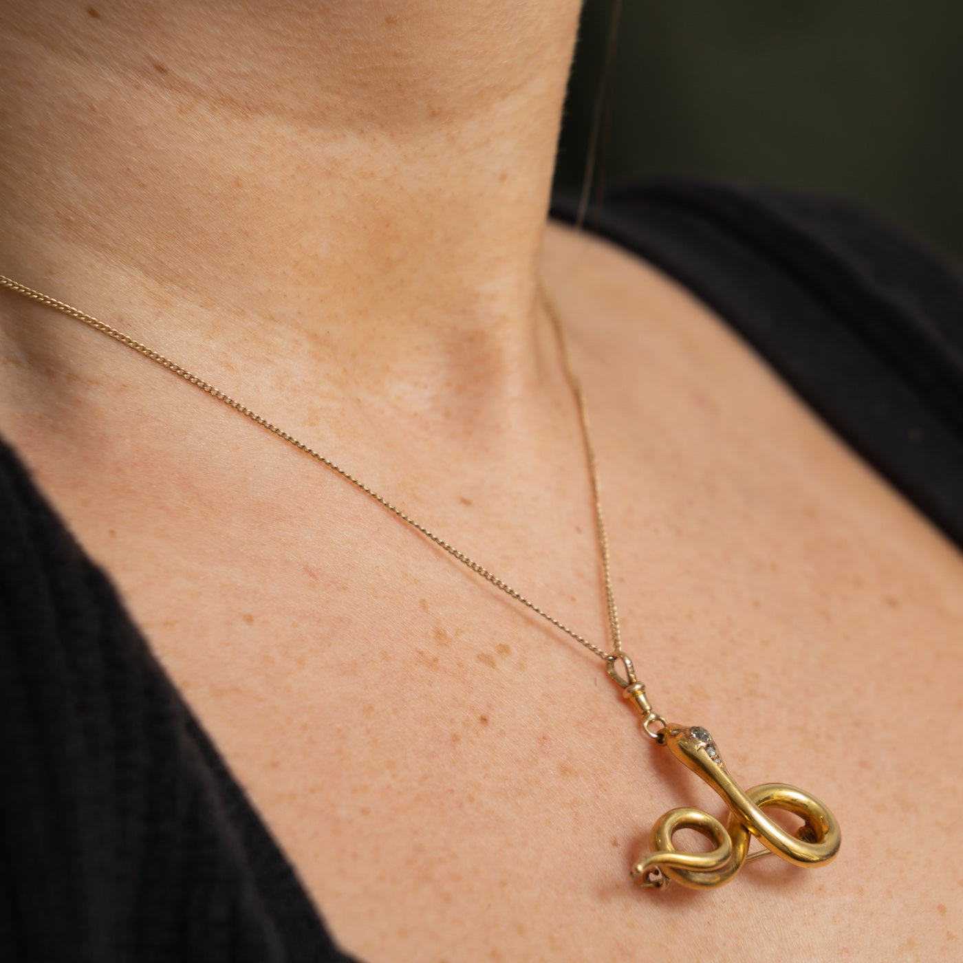 Late Victorian 14k Old Mine & Rose Cut Diamond Snake Pendant & Brooch | 0.15ctw