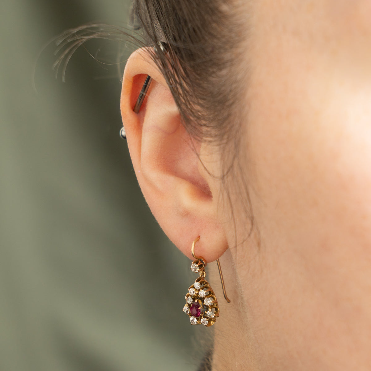 Edwardian 14k Ruby Old Mine & Old European Cut Diamond Drop Earrings | 0.40ctw, 0.60ctw
