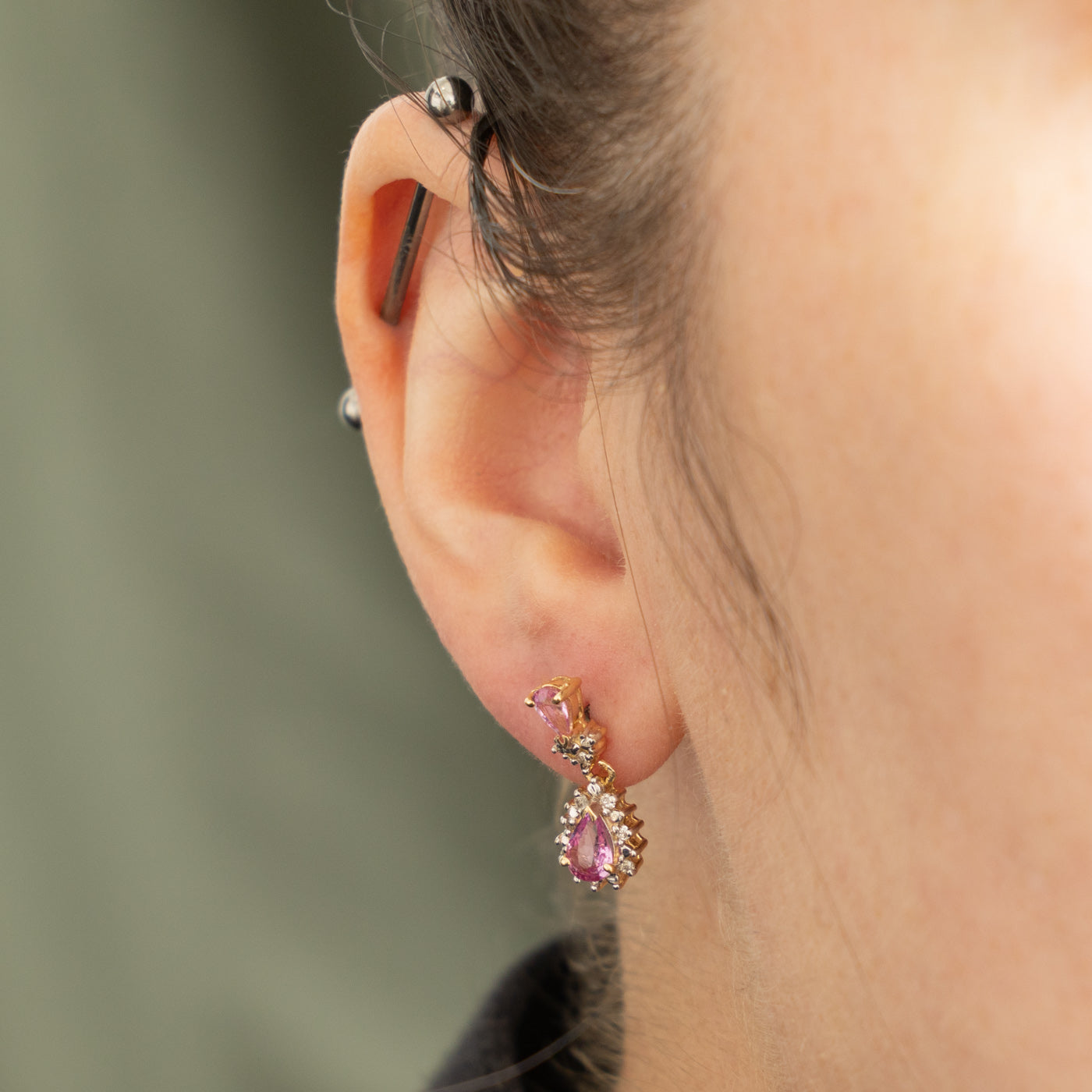 14k Pear Cut Pink Sapphire & Diamond Petal Halo Drop Earrings | 1.20ctw, 0.08ctw