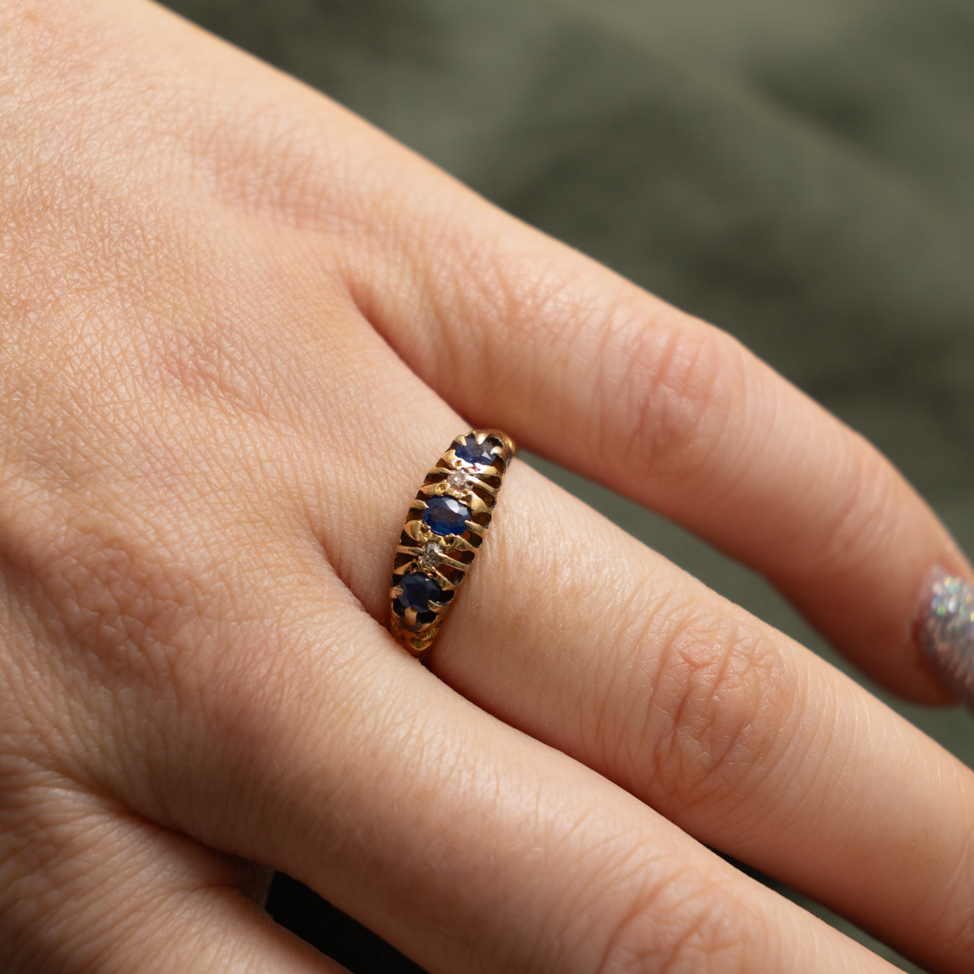 1918 Birmingham 18k Antique Cut Sapphire & Diamond Boat Ring | 0.40ctw, 0.04ctw | SZ 6.5