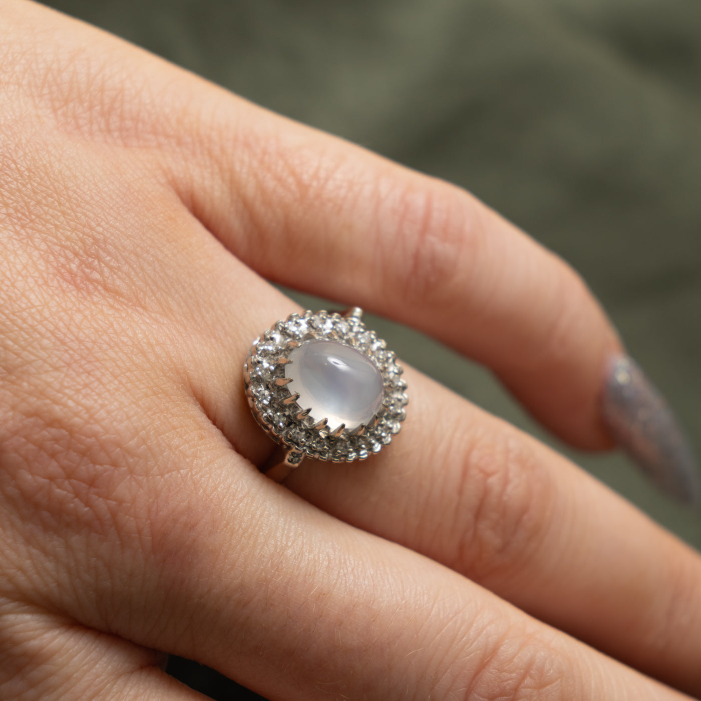 Mid-Century 14k Moonstone & Single Cut Diamond Halo Ring | 3.25ct, 0.16ctw | SZ 5.5