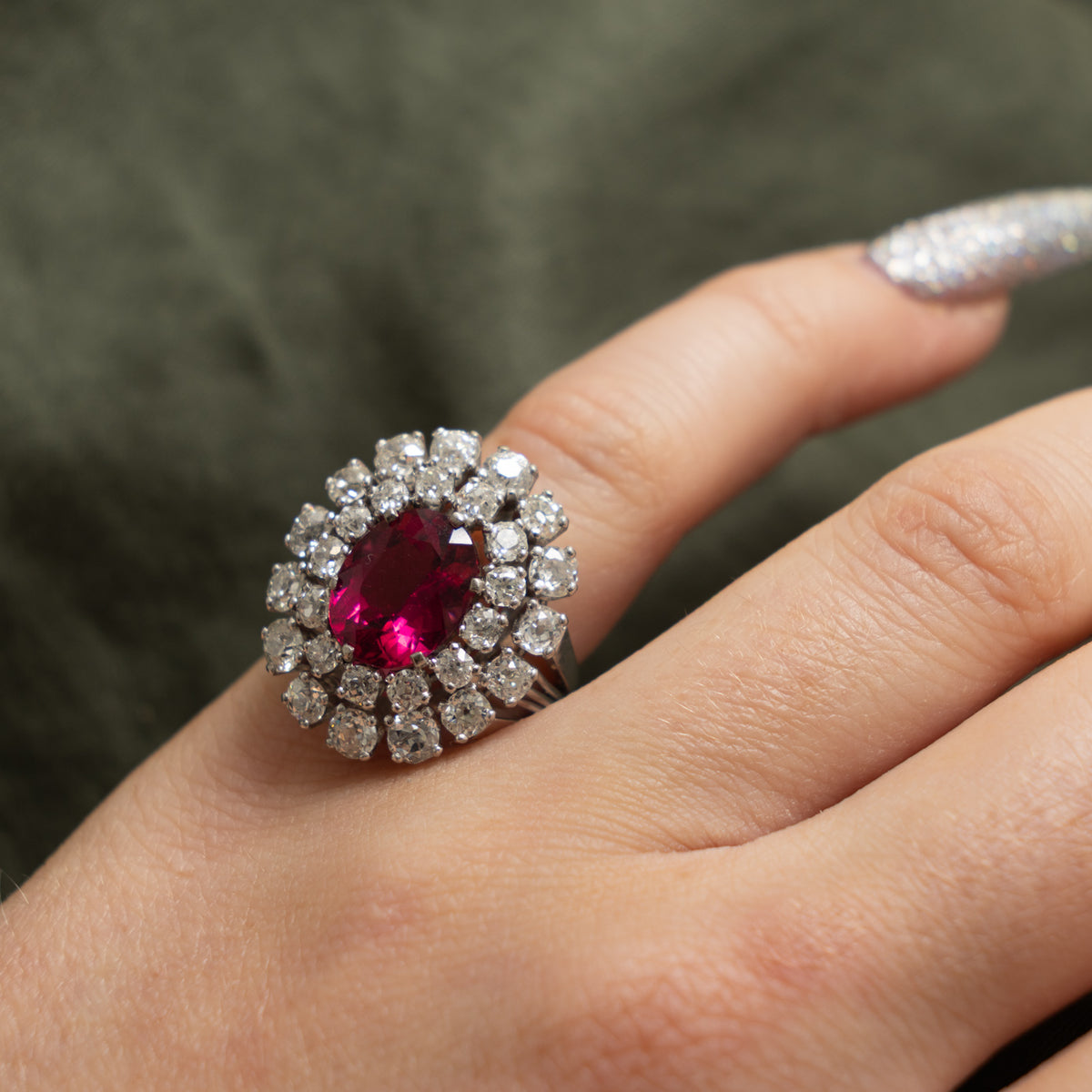 18k Oval Rubellite & Antique Cut Diamond Halo Ring | 3.35ct, 2.63ctw | SZ 4.25