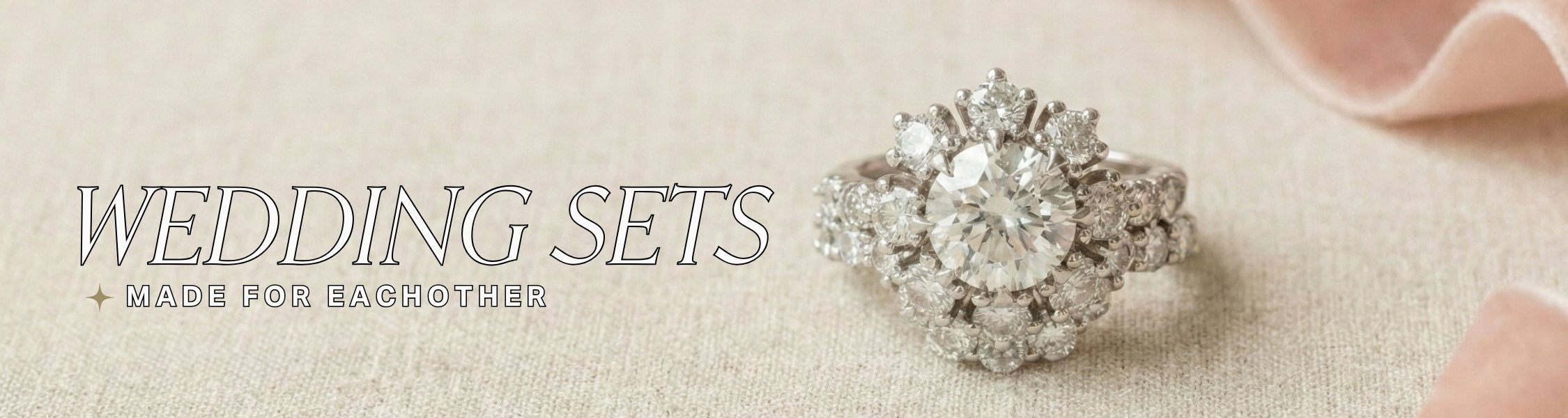 white gold diamond engagement ring with matching wedding band, the set is displayed on a fabric background with pink ribbon accents. Text over reads: Wedding Sets: made for eachother