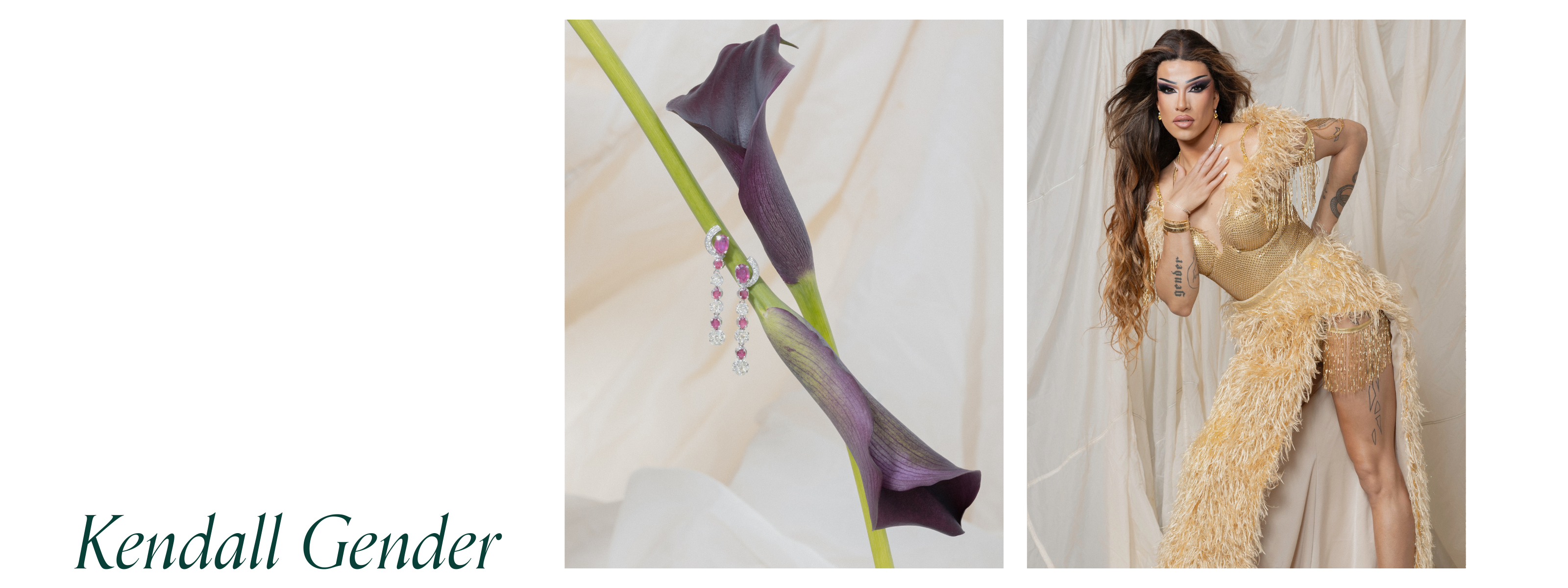 Drag performer Kendall Gender poses in a glamorous gold outfit adorned with fringe and feathers, showcasing pieces from a specially curated preloved jewelry collection. Beside her, a close-up of a deep purple calla lily holds a pair of elegant drop earrings featuring pink and clear stones.