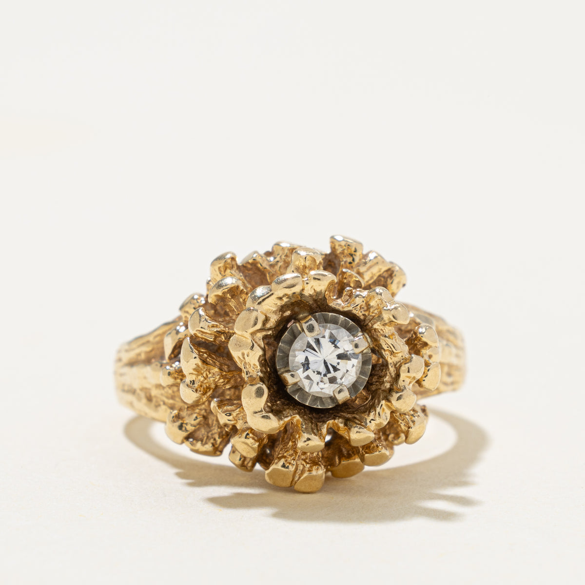 14k Solitaire Diamond Textured Floral Cocktail Ring | 0.20ct | SZ 6.75