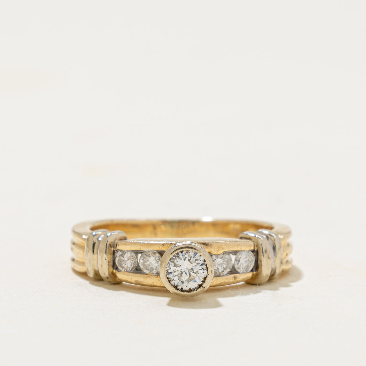 14k Bezel Set Diamond Accented Grooved Ring | 0.25ctw | SZ 5