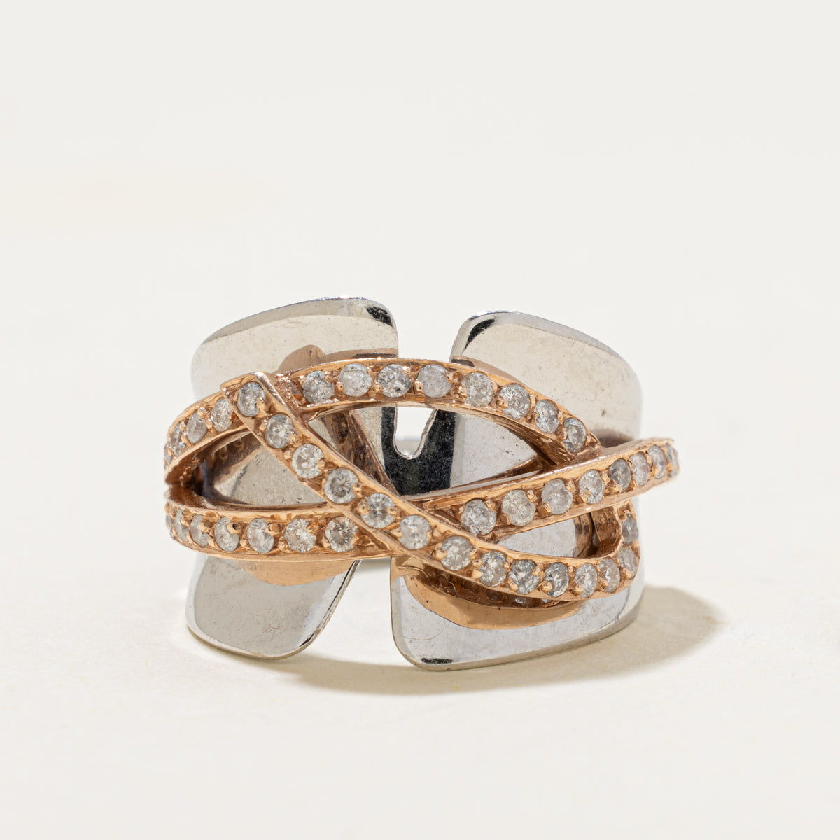 14k Two Tone Diamond Multi Cross Over Cocktail Ring | 0.47ctw | SZ 6.25