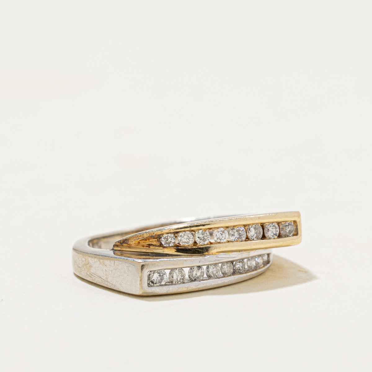 14k Two Tone Double Row Diamond Grooved Bypass Ring | 0.65ctw | SZ 5.5