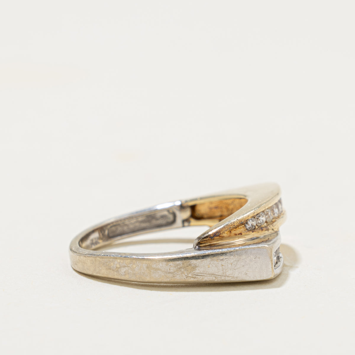 14k Two Tone Double Row Diamond Grooved Bypass Ring | 0.65ctw | SZ 5.5