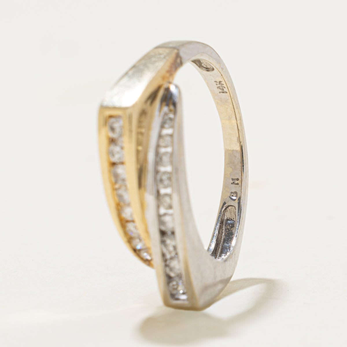 14k Two Tone Double Row Diamond Grooved Bypass Ring | 0.65ctw | SZ 5.5