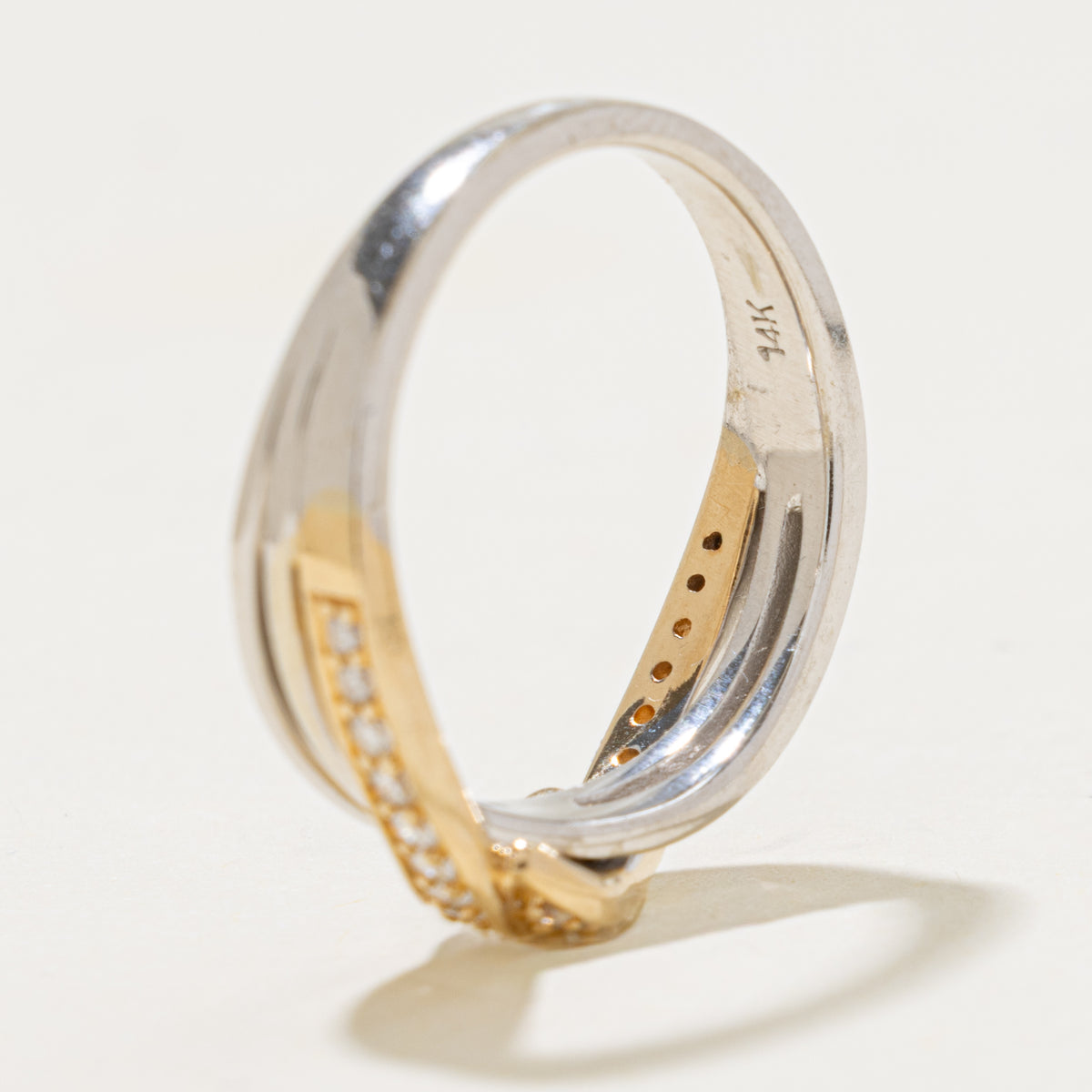 14k Two Tone Double Row Diamond Grooved Bypass Ring | 0.65ctw | SZ 5.5