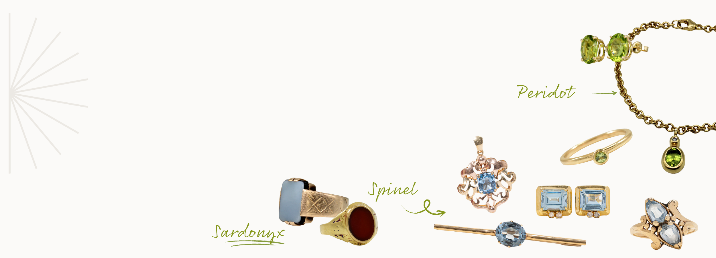 Collection of vintage, antique, peridot, spinel and sardonyx gemstone jewelry