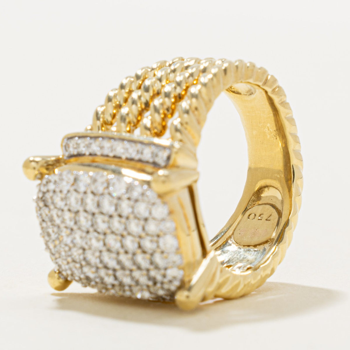 18k Pave Set Diamond Grooved & Rope Cocktail Ring | 1.13ctw | SZ 6