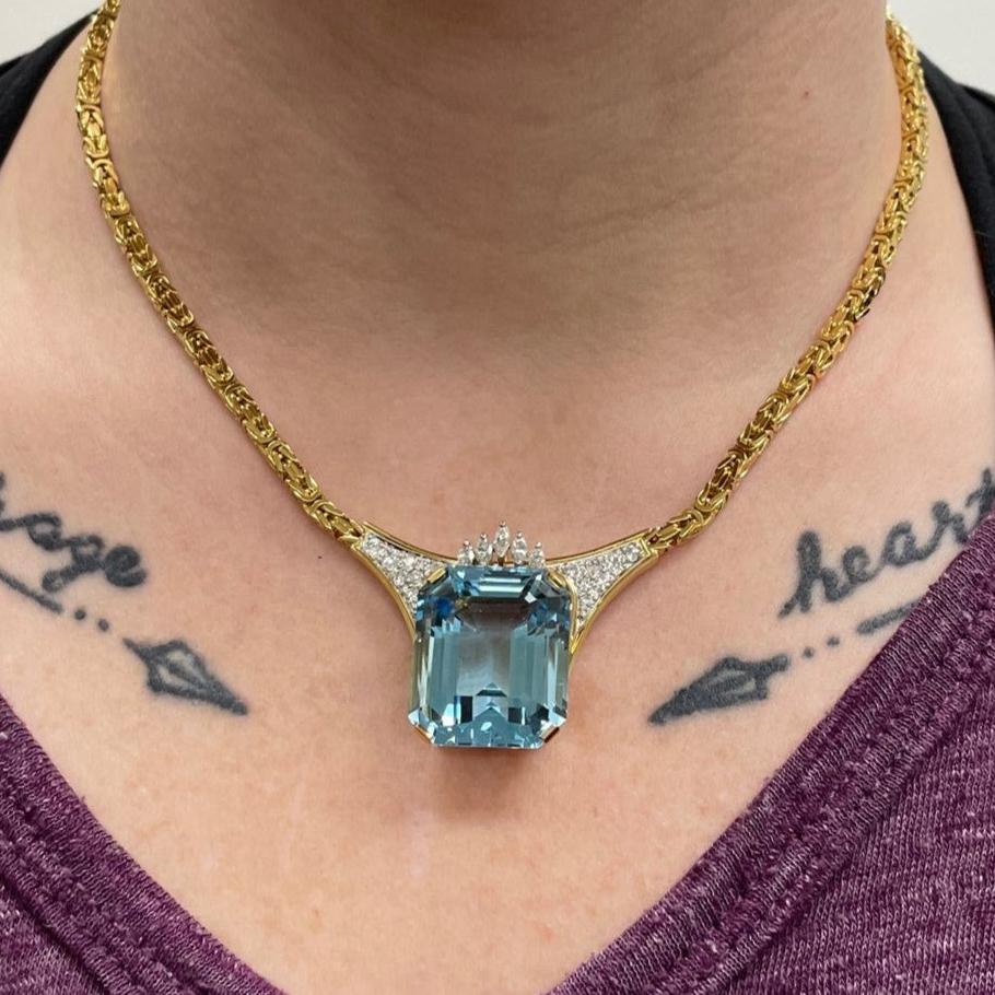 'Cavelti' Aquamarine & Diamond Necklace | 40.00ct | 0.97ctw | 16"| - 100 Ways