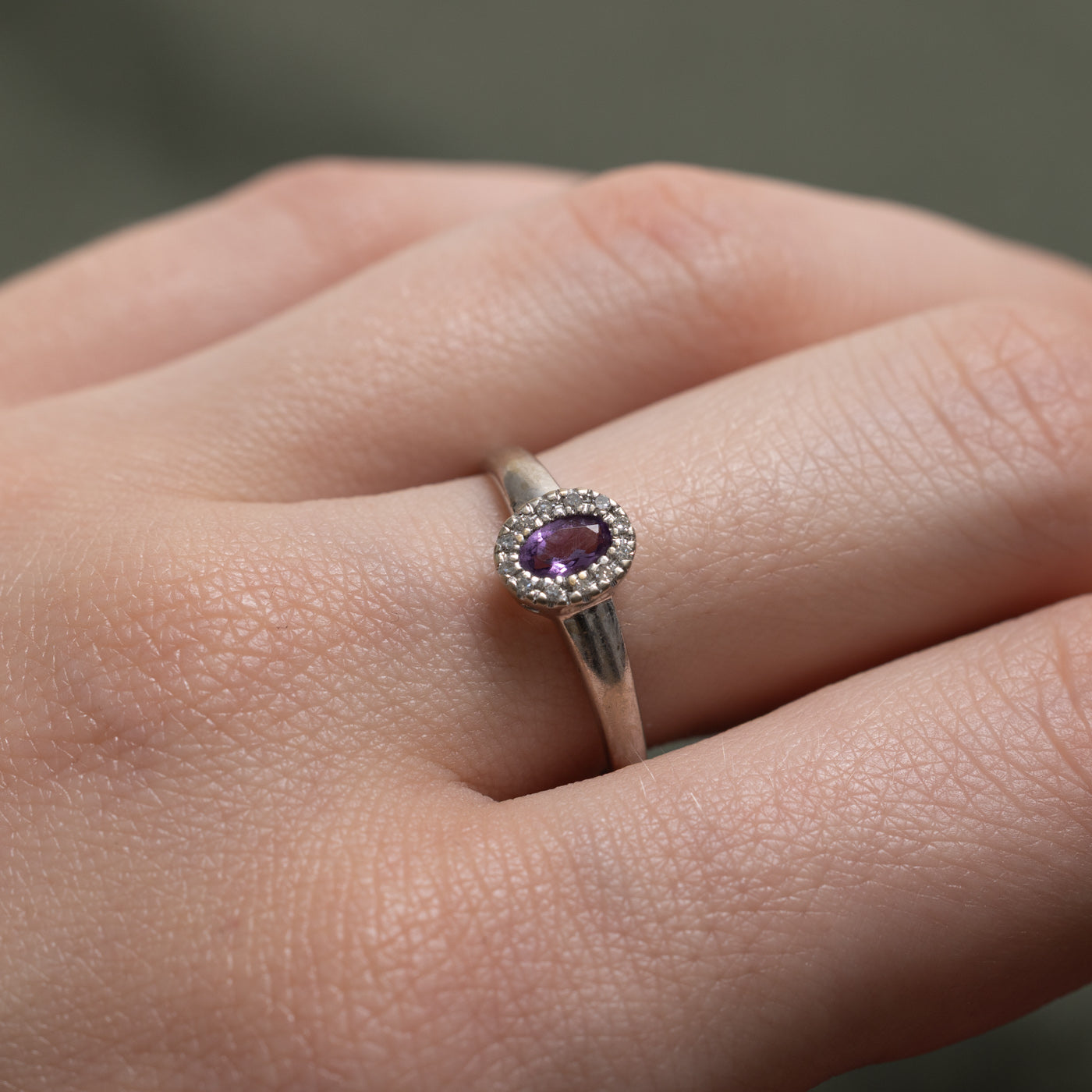 Oval Cut Amethyst & Diamond Halo Ring | 0.15ct, 0.012ctw | SZ 7.5