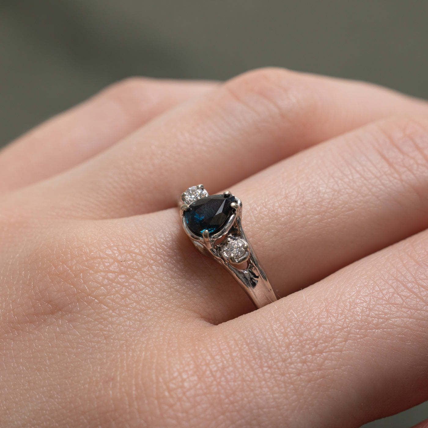 Pear Cut Teal Sapphire & Diamond Accented Ring | 0.86ct, 0.10ctw | SZ 8.75