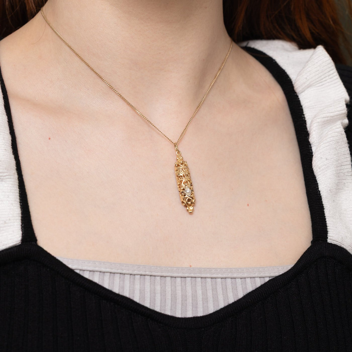 14k Diamond Filigree Ornate Mezuzah Pendant | 0.06ct