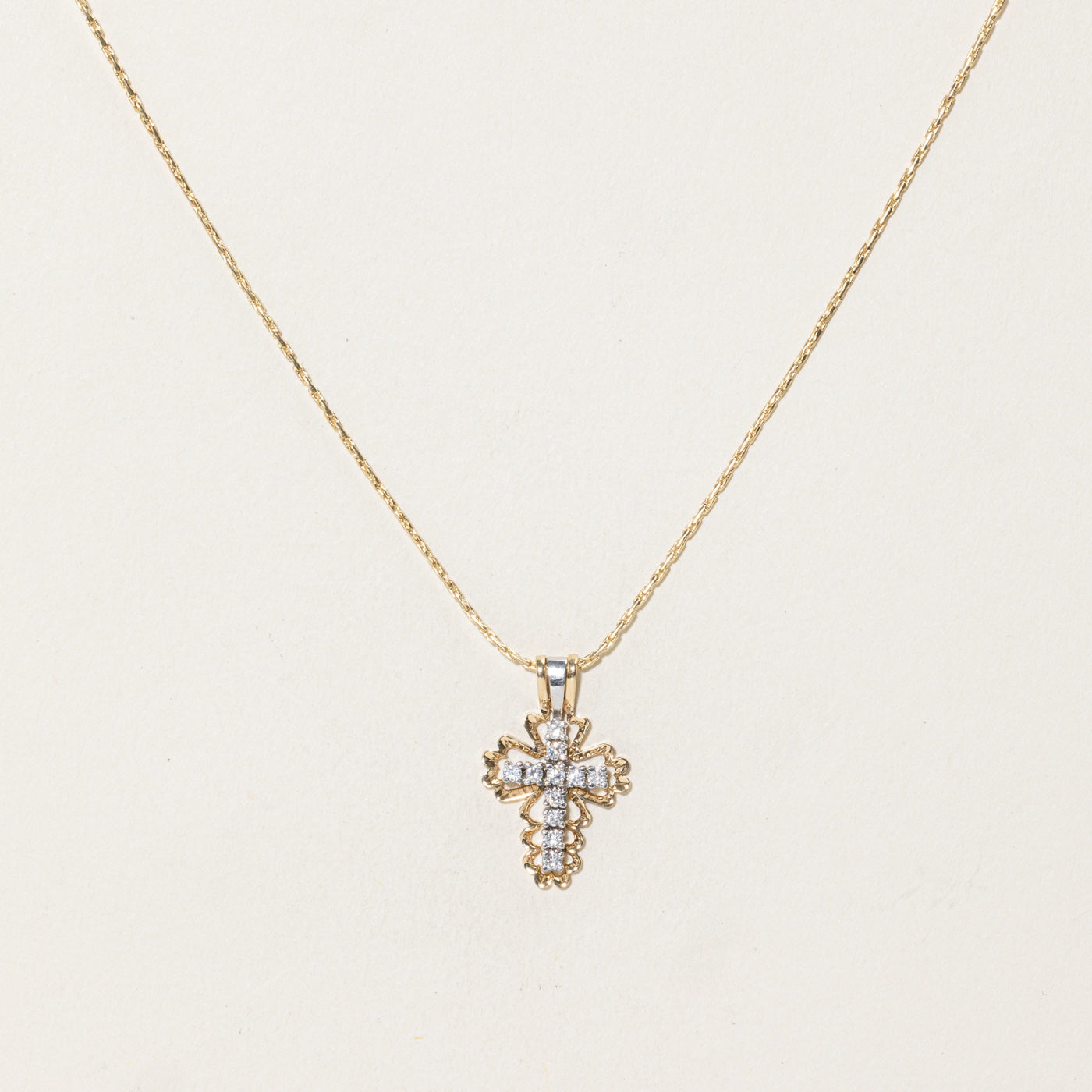 14k Diamond Scalloped Cross Ornate Pendant Necklace | 15.5"