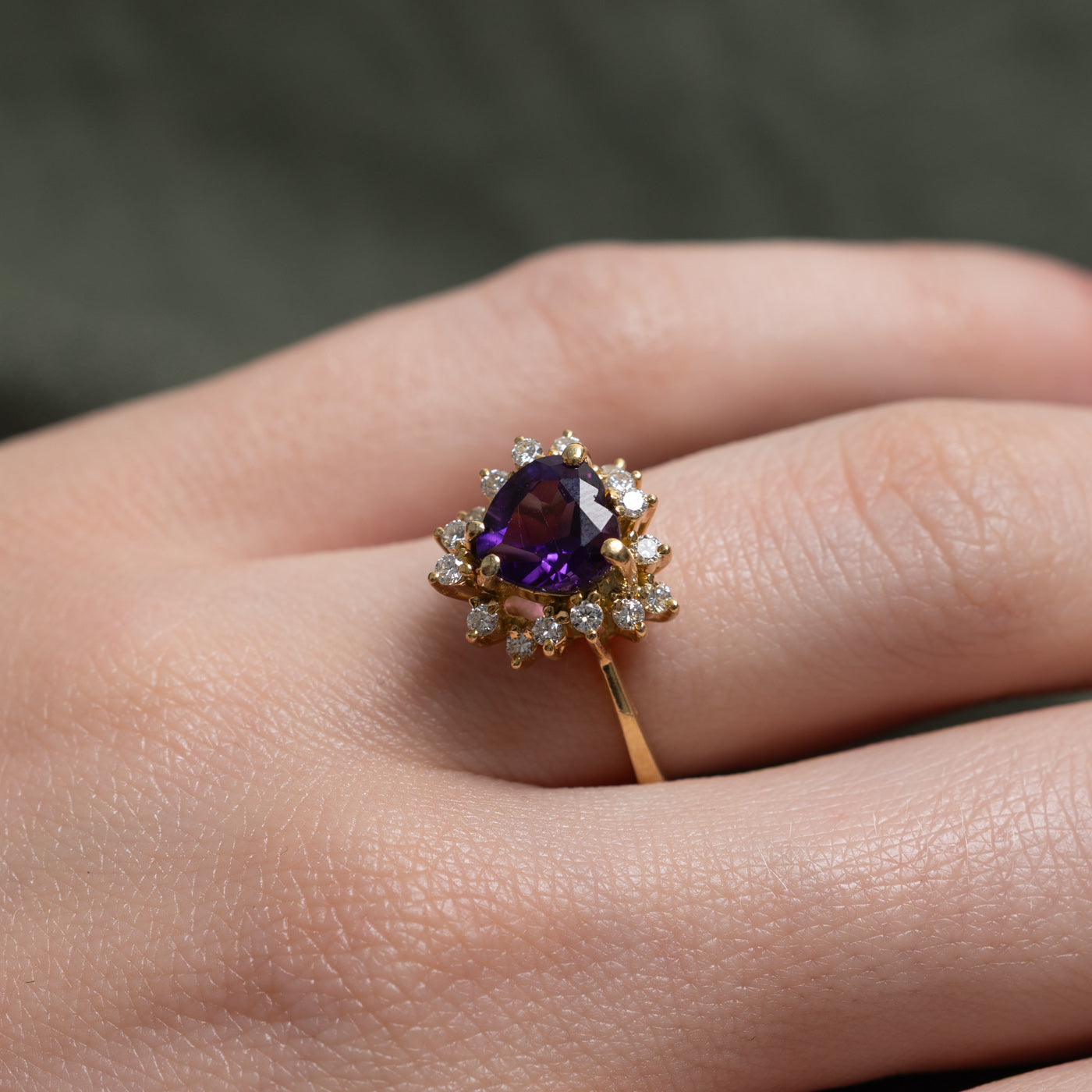 18k Heart Cut Amethyst & Diamond Petal Halo Ring | 1.10ct, 0.24ctw | SZ 5.5