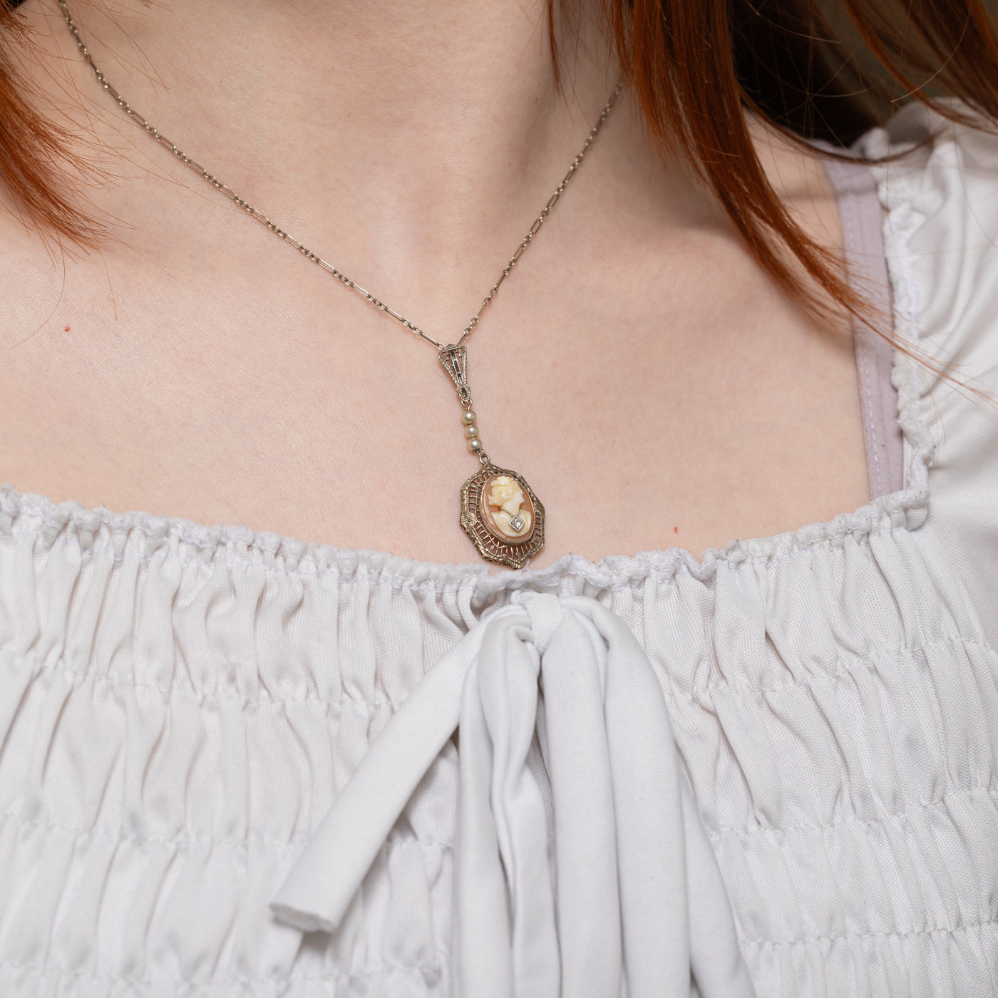 14k Shell Cameo & Diamond Filigree & Milgrain Pendant Necklace | 3.50ct, 0.005ctw | 15.5"