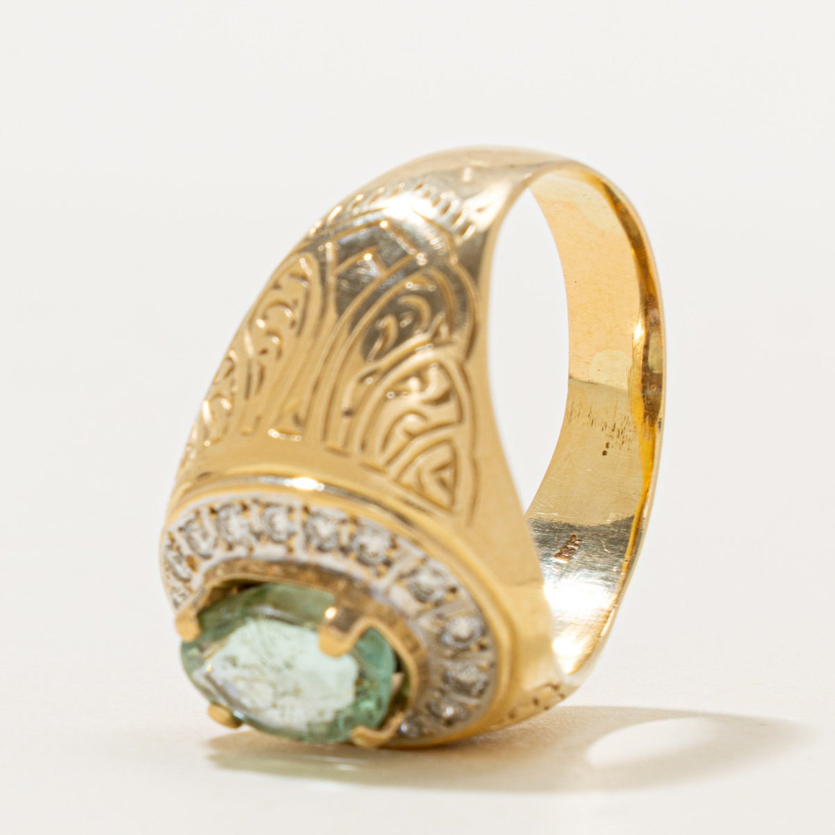 18k Emerald & Diamond Halo Engraved Signet Ring | 2.22ct, 0.32ctw | SZ 11.25