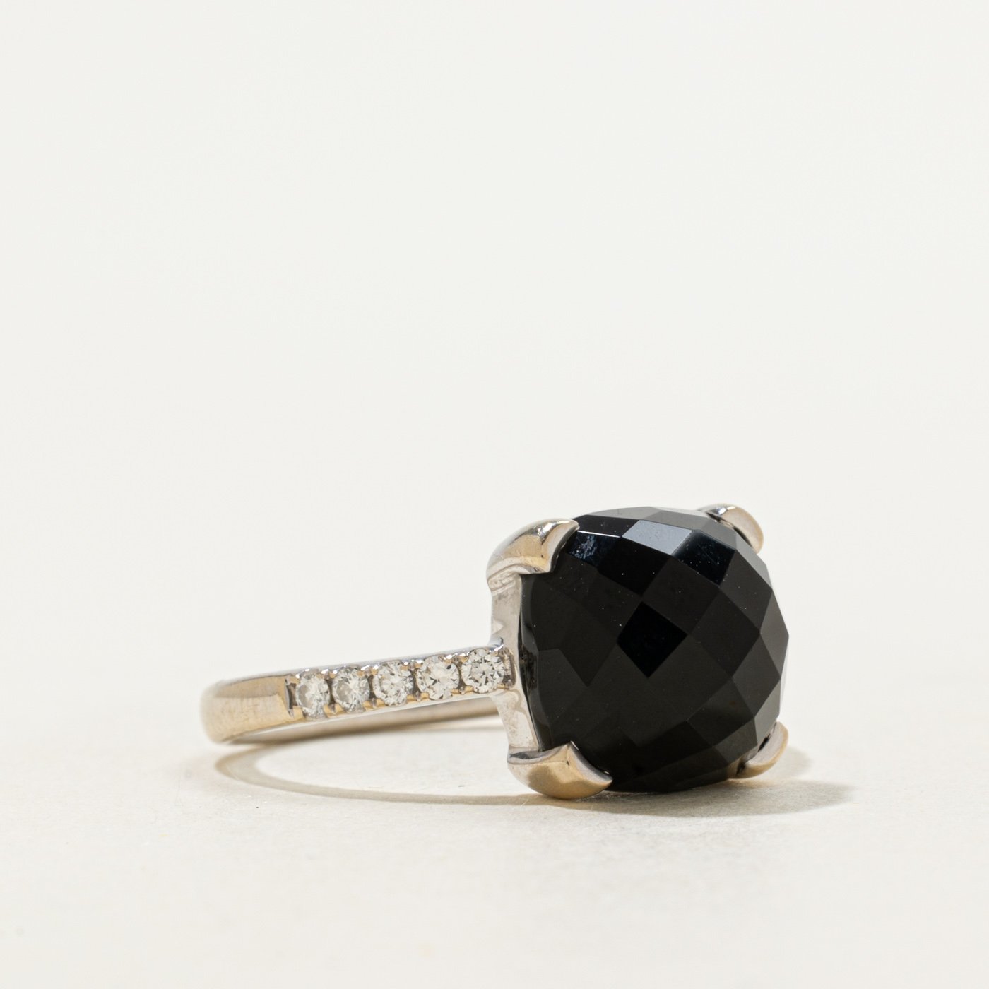 14K Ring with Diamond Accents with Checkerboard Cabochon Onyx