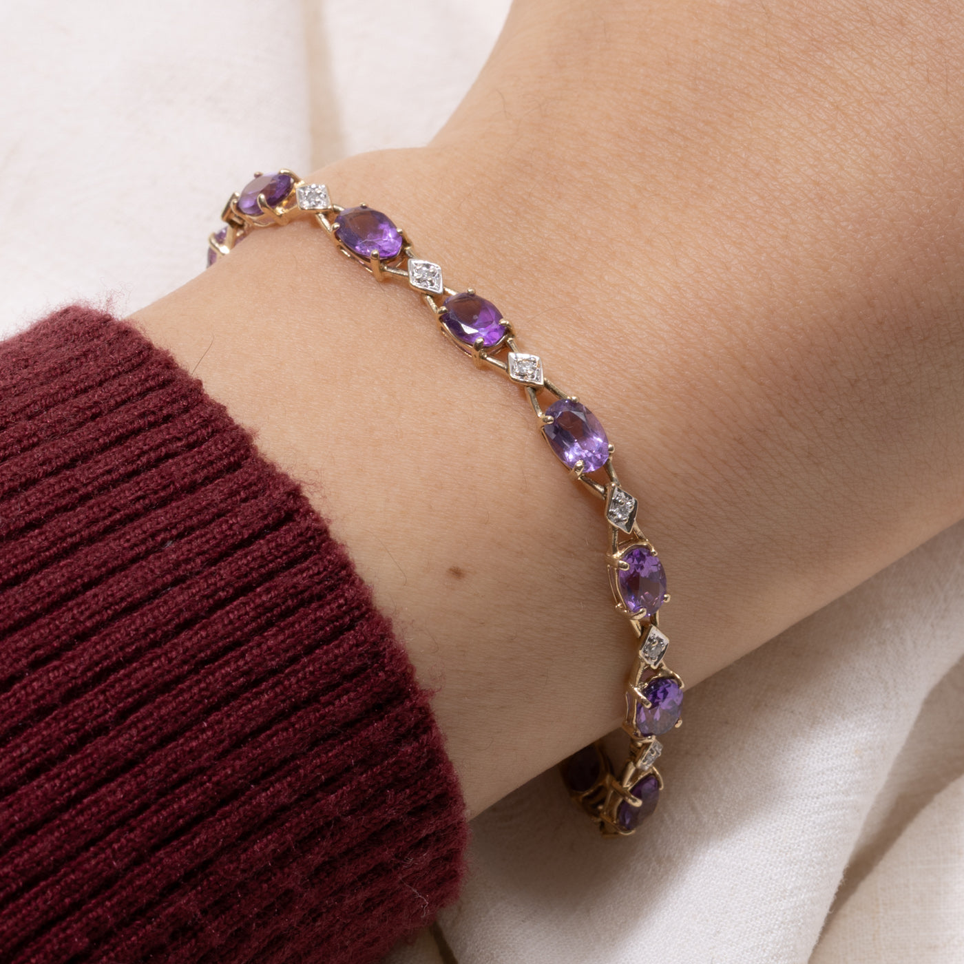 Oval Cut Amethyst & Diamond Gemstone Bracelet | 7.5"