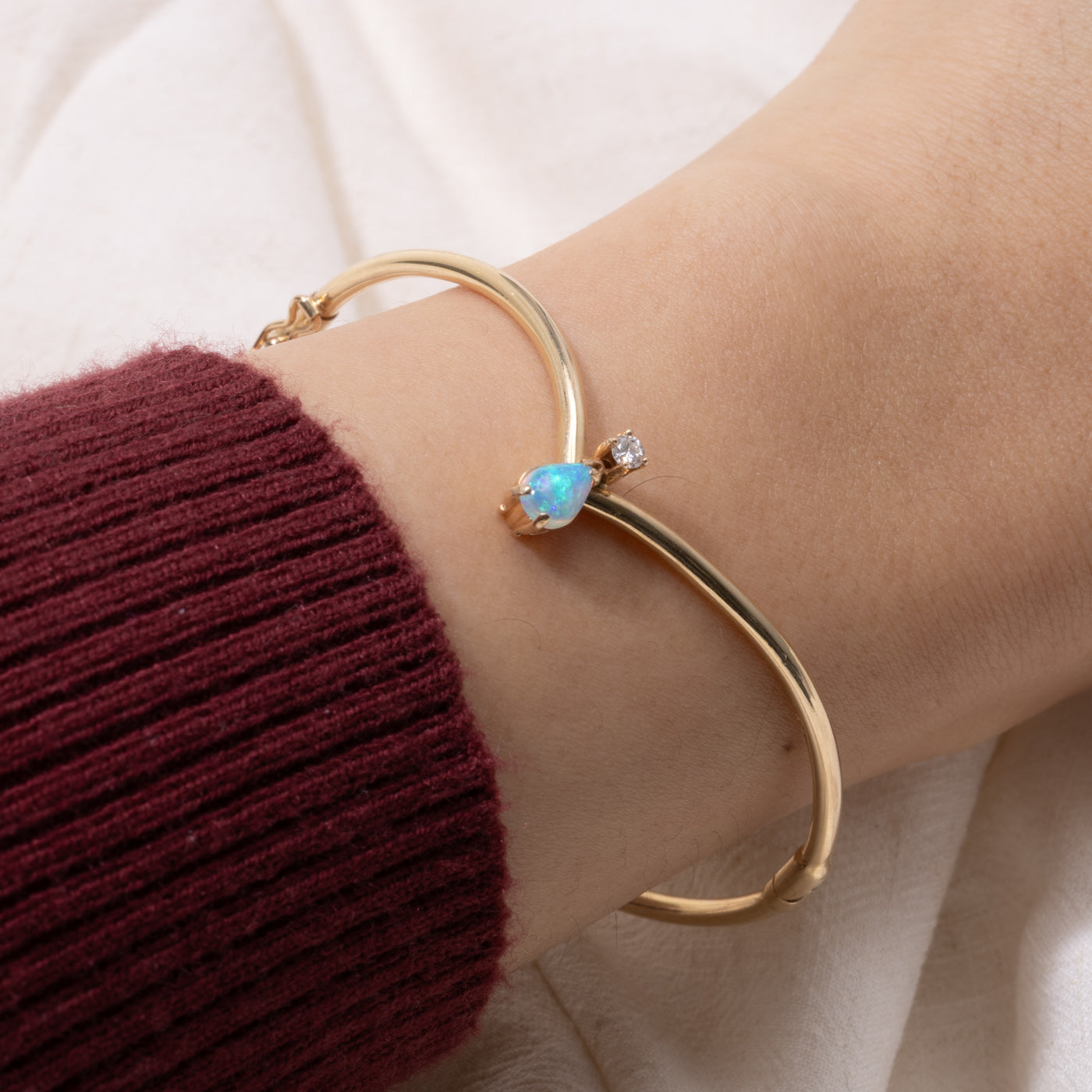 Teardrop Opal & Diamond Chevron Cuff Bracelet | 7"