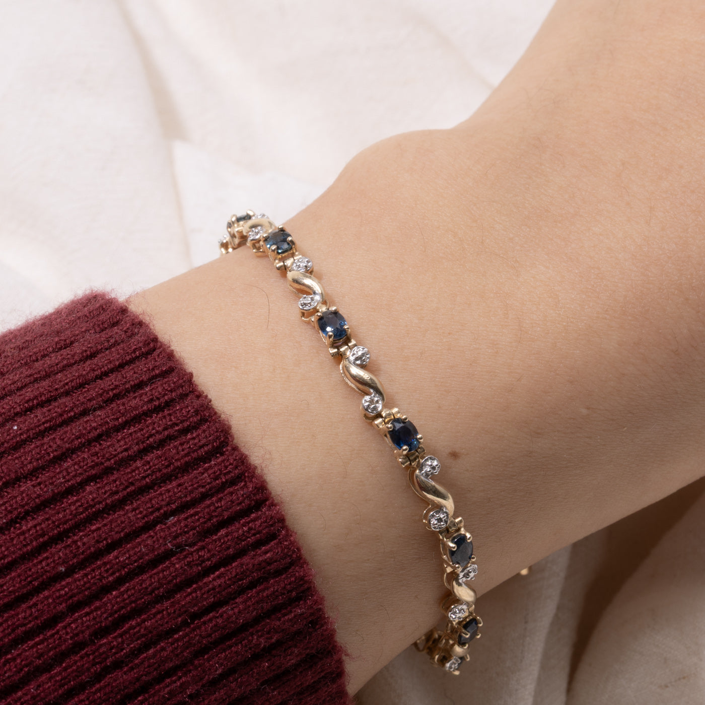 10k Sapphire & Diamond Swirl Gemstone Bracelet | 2.00ctw, 0.01ctw | 7.5"