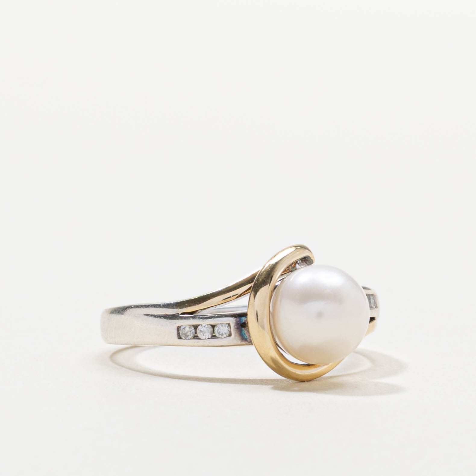 14k & Sterling Silver Pearl & Diamond Accented Ring | SZ 7.5