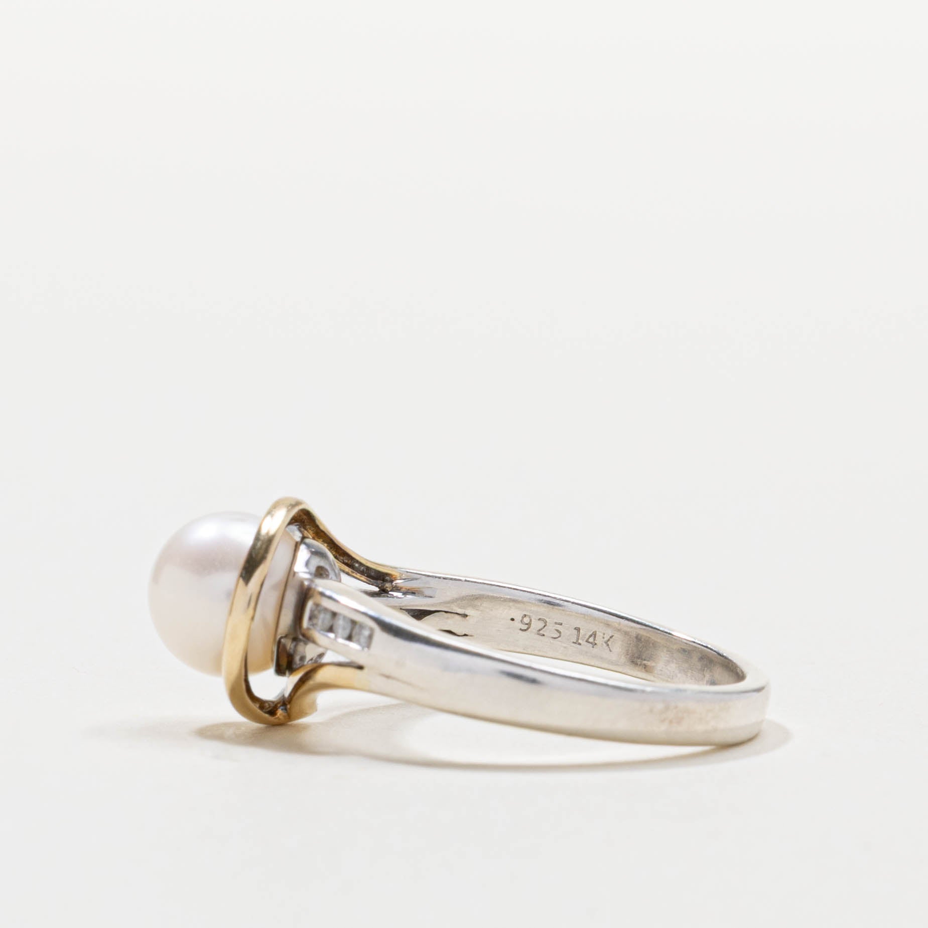 14k & Sterling Silver Pearl & Diamond Accented Ring | SZ 7.5