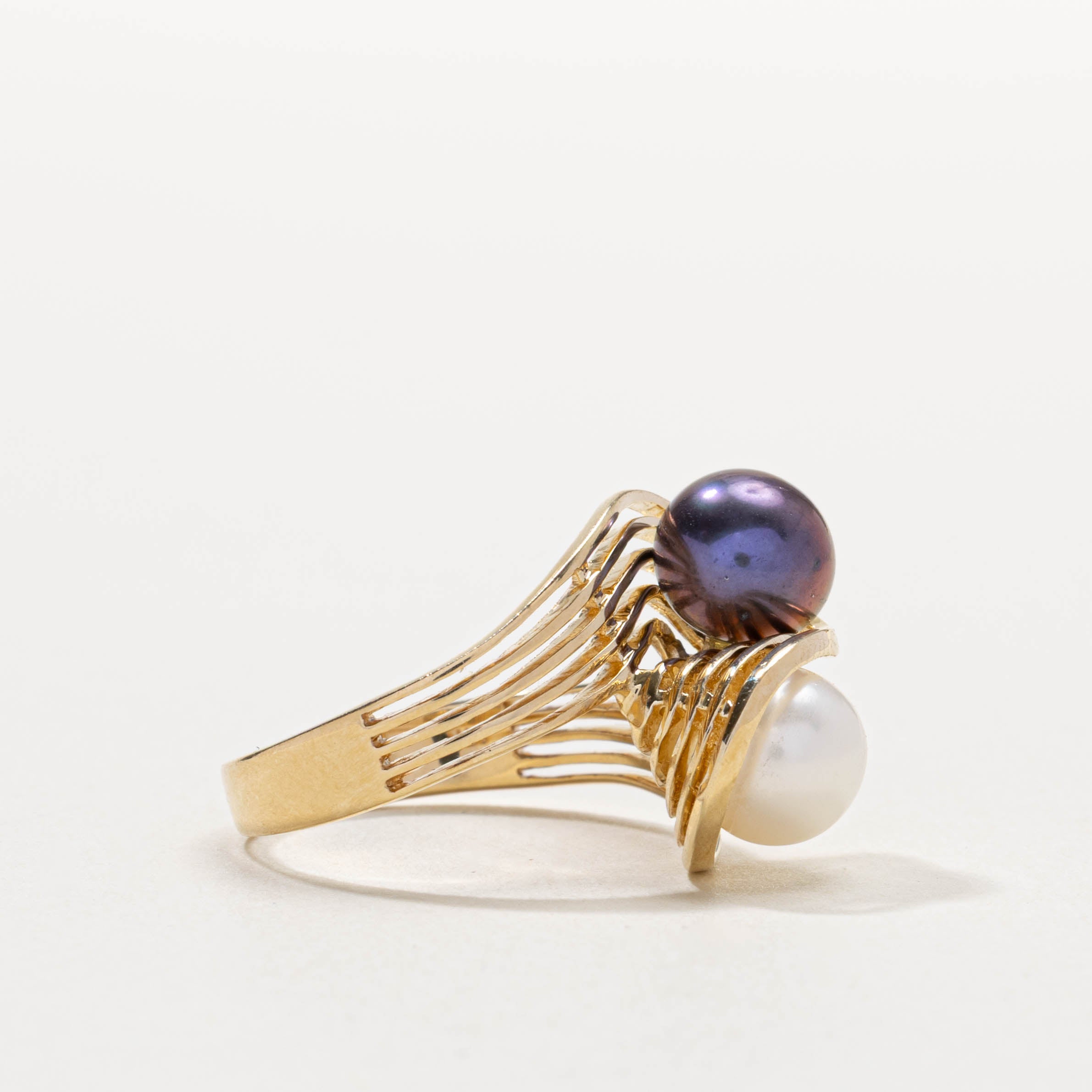 14k Two Stone Pearl Grooved Bypass Ring | SZ 6.25