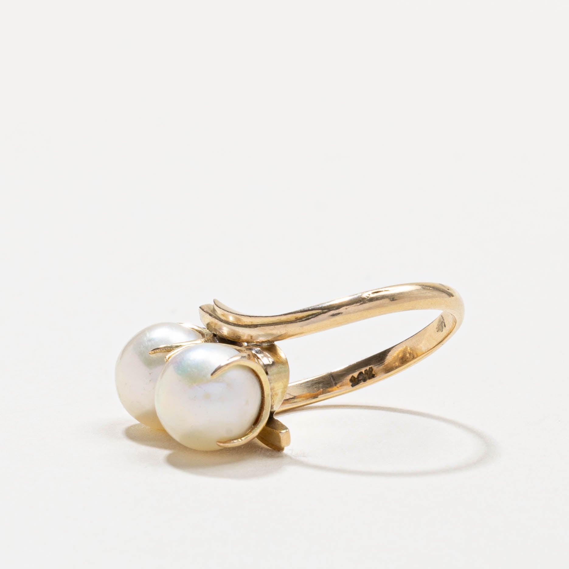 14k Two Stone Pearl Grooved Bypass Ring | SZ 8