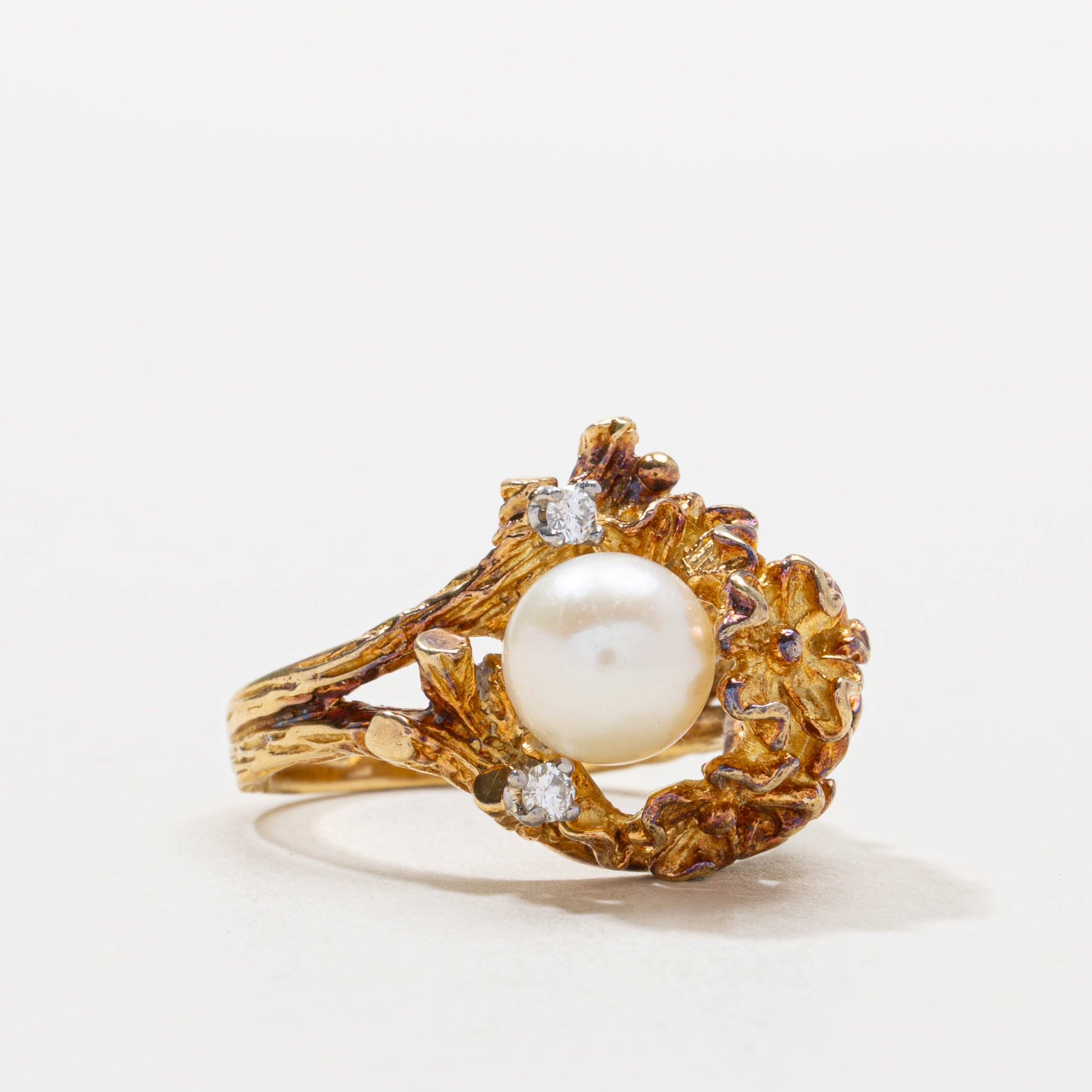 18k Pearl & Diamond Textured Cocktail Ring | SZ 6.75
