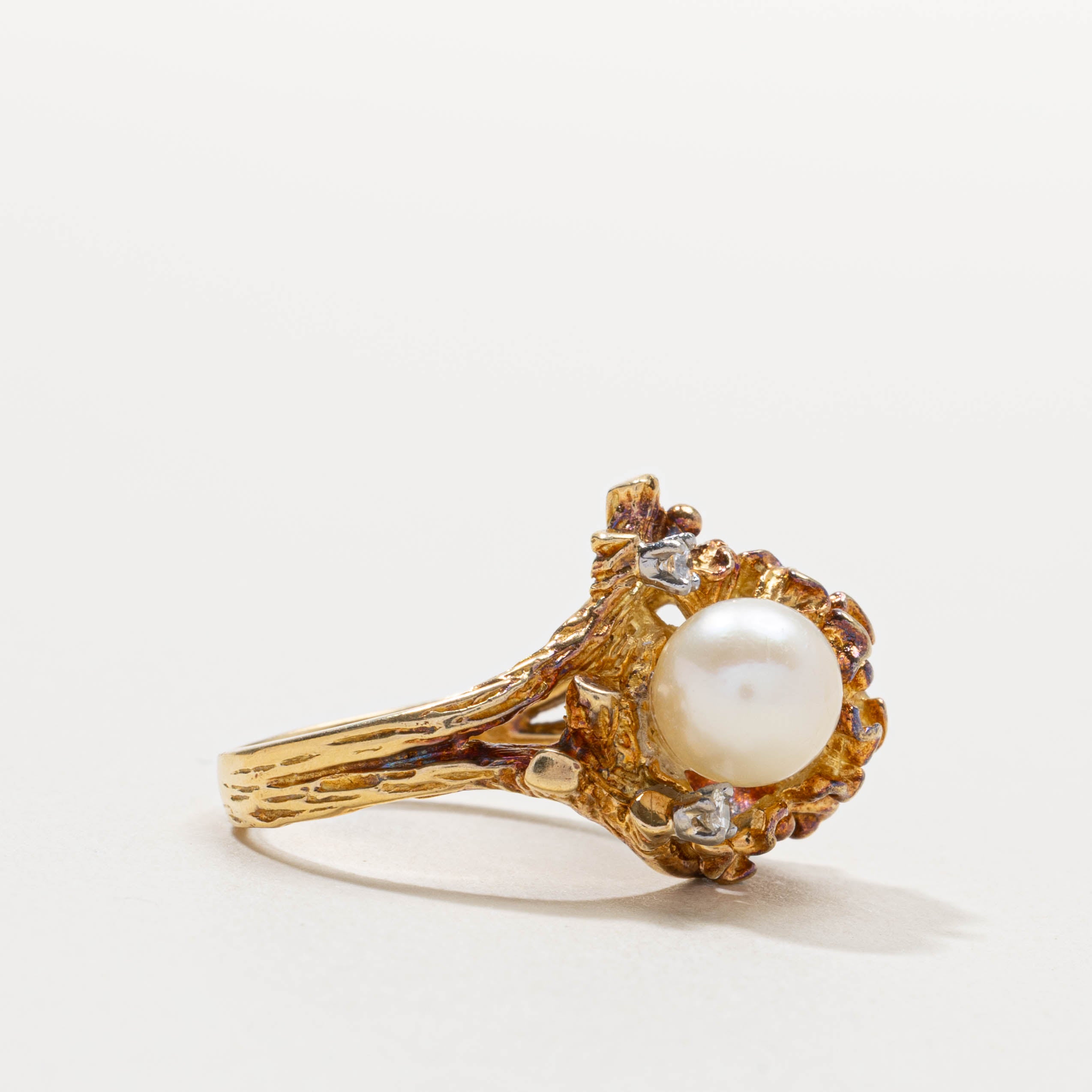 18k Pearl & Diamond Textured Cocktail Ring | SZ 6.75