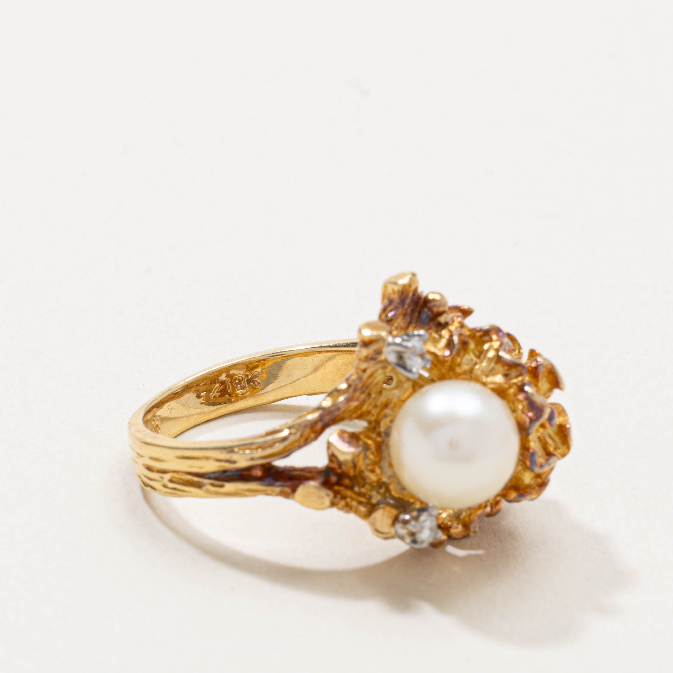 18k Pearl & Diamond Textured Cocktail Ring | SZ 6.75