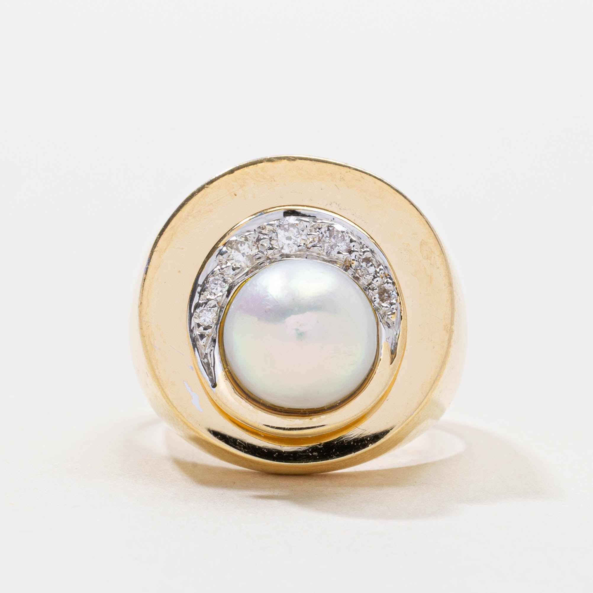18k Pearl & Diamond Circular Cocktail Ring | SZ 5.5