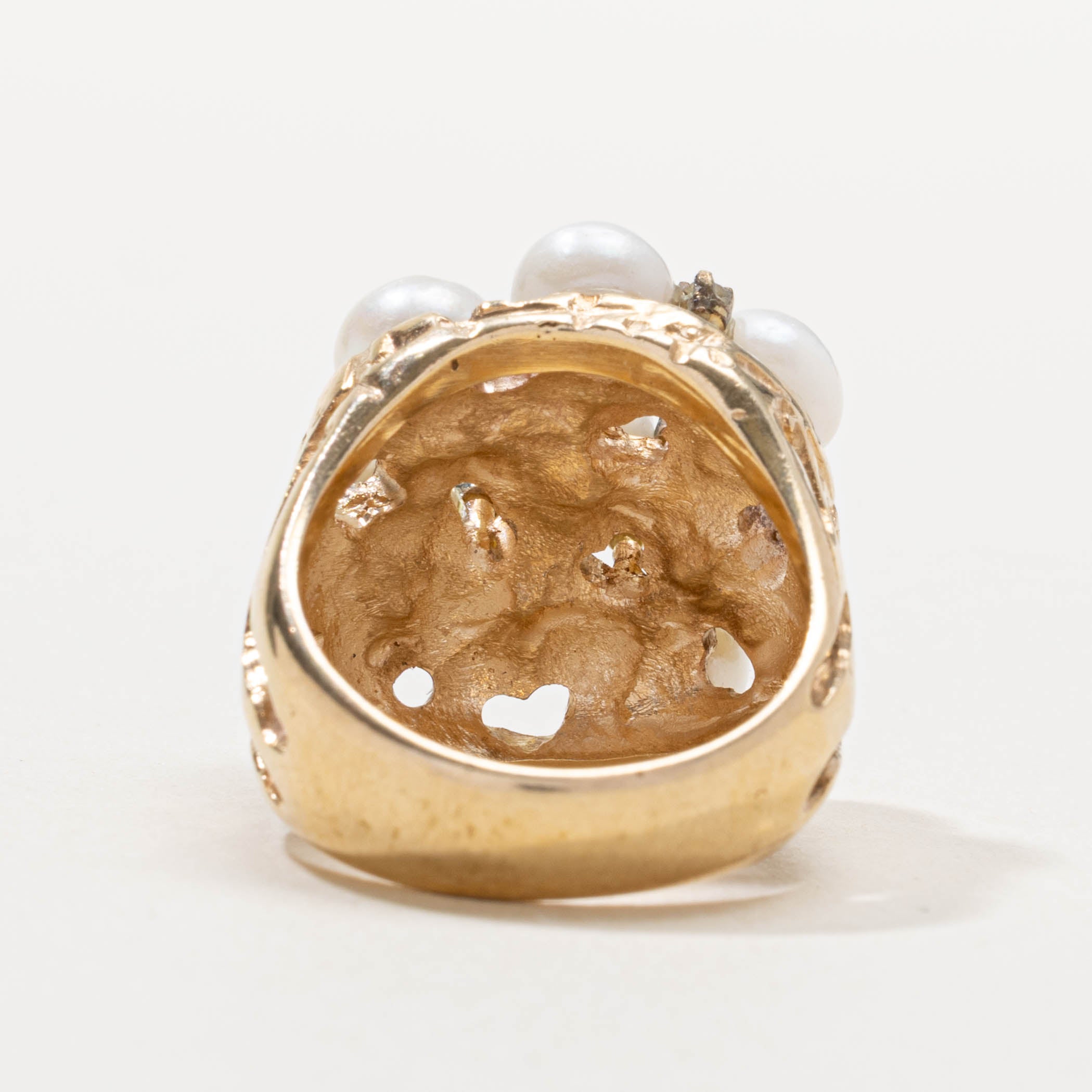 14k Pearl & Diamond Cluster Textured Cocktail Ring | SZ 7.5