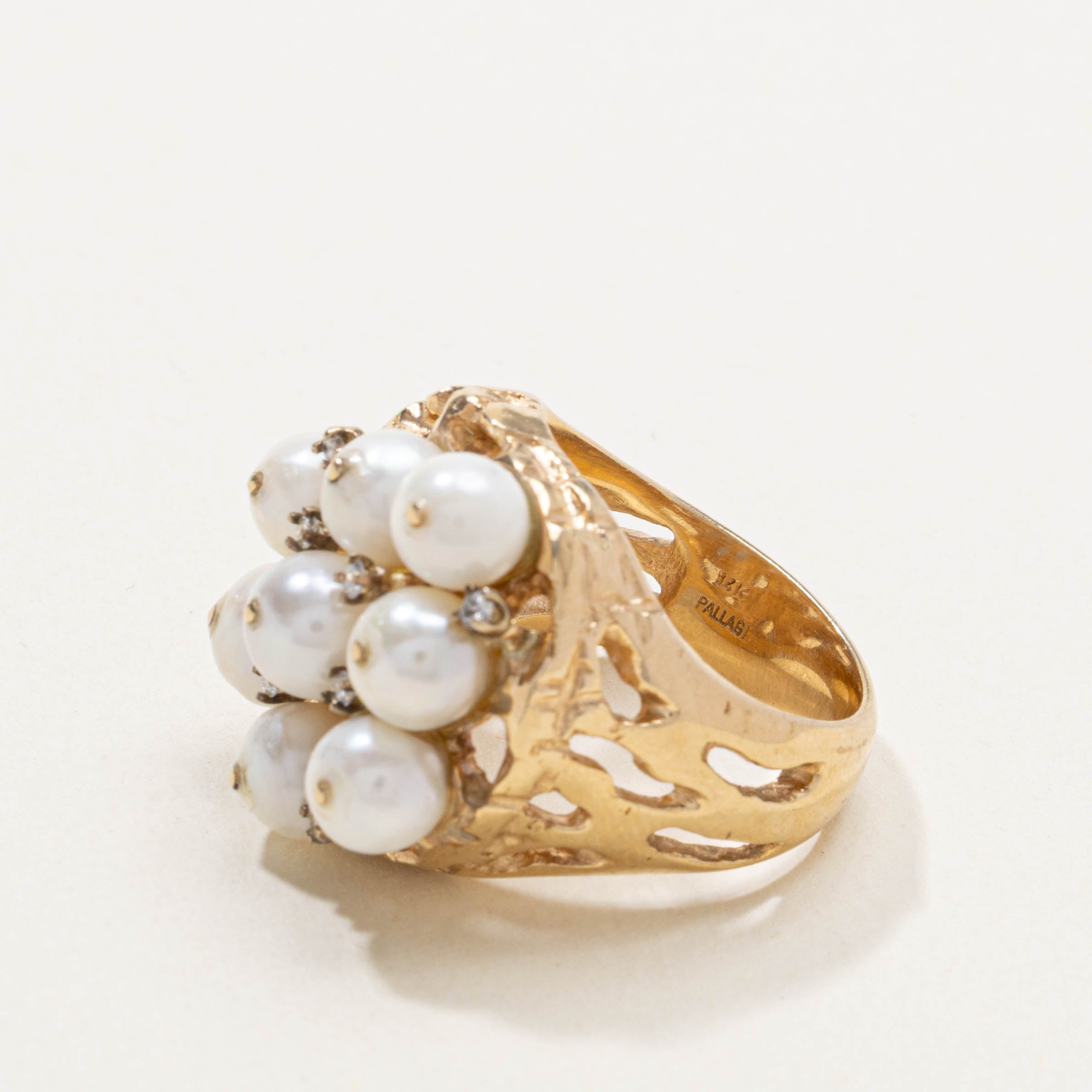 14k Pearl & Diamond Cluster Textured Cocktail Ring | SZ 7.5