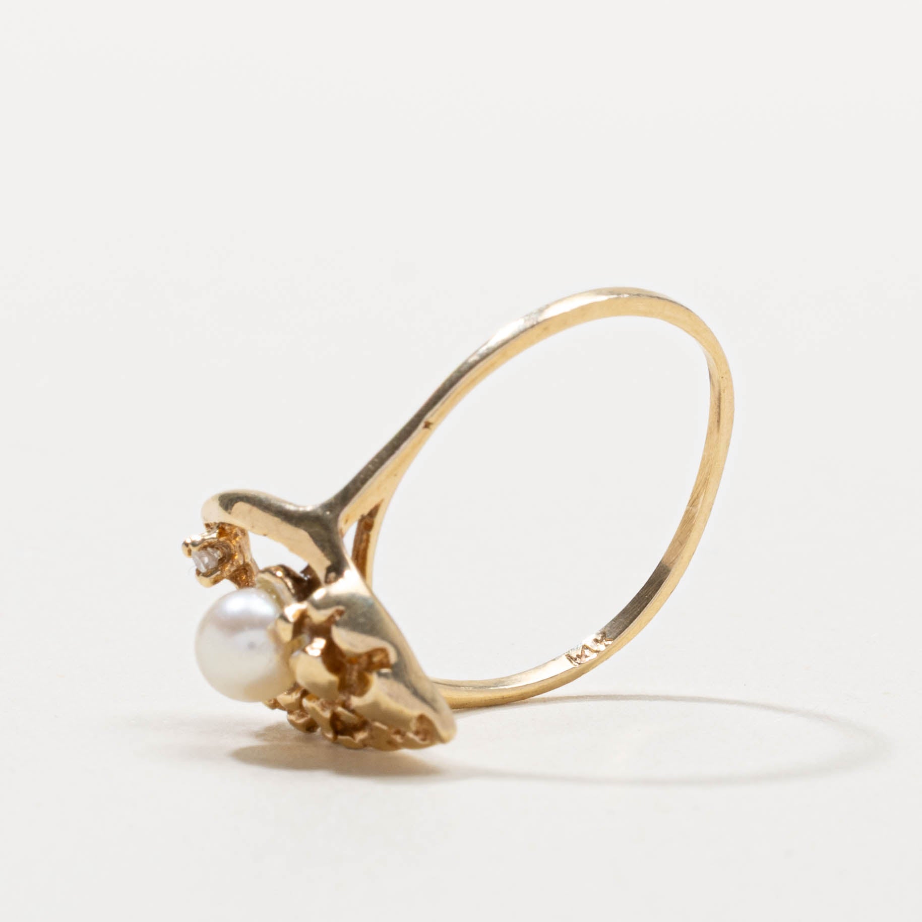 14k Pearl & Diamond Nuggety Marquise Shaped Ring | SZ 7.5