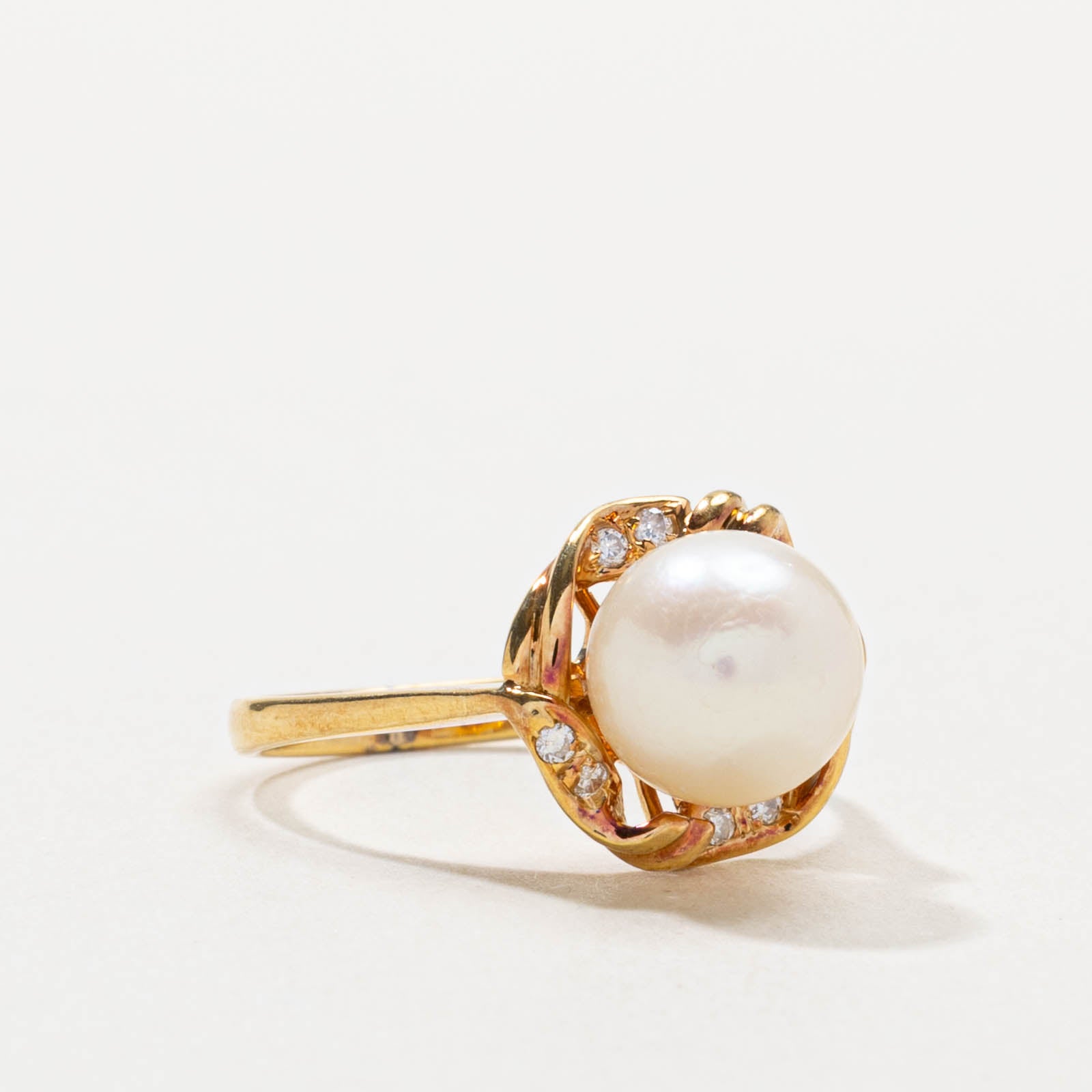 14k Pearl & Diamond Twisted Halo Ring | SZ 4.75